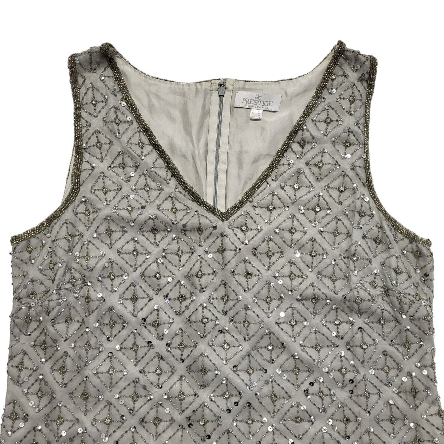 Prestige 90s Vintage Grey Sequin Vest Party Silk Top Women's UK Size 16