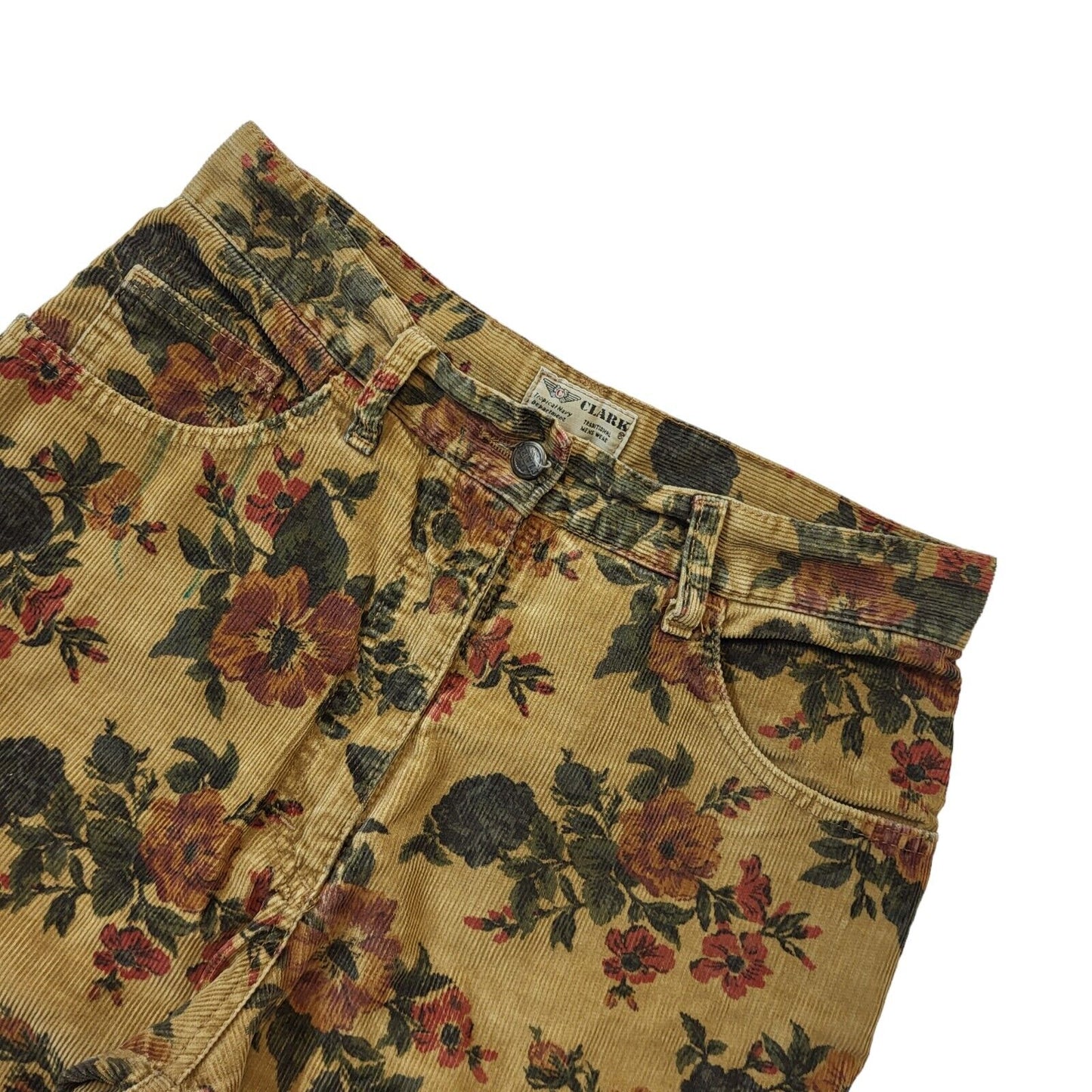 Clark 90s Tan & Floral Tapered Highwaist Corduroy Trousers Women's W28 L30