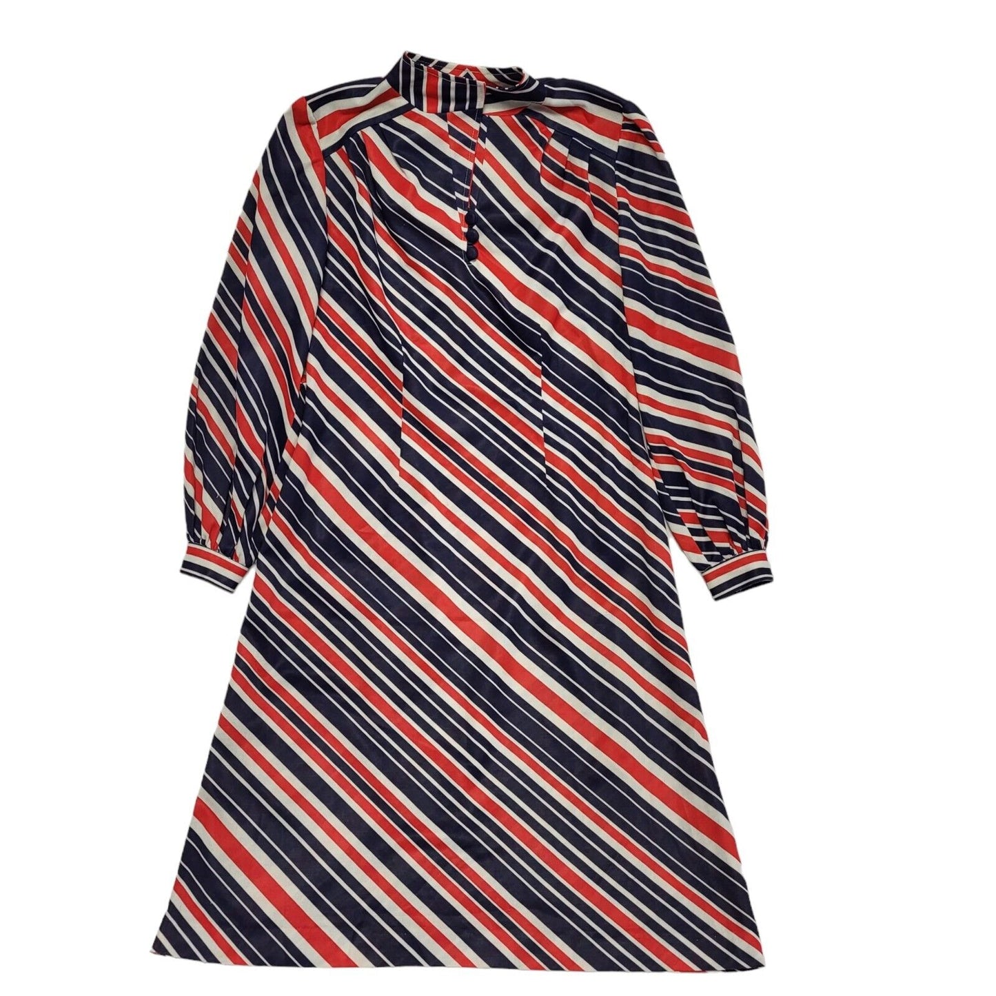 70s Vintage Red, White & Blue Striped High Neck Shift Dress Women's 14