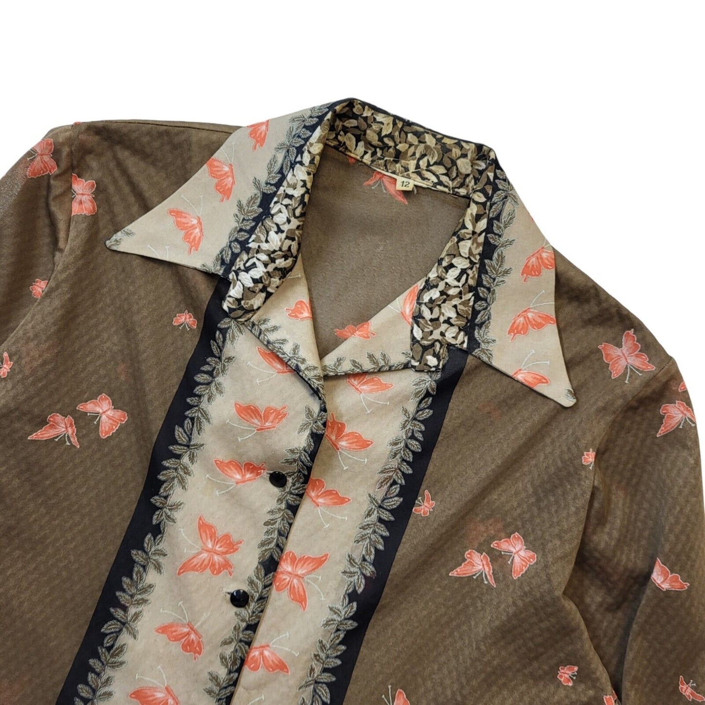 70s Vintage Brown & Tan Butterfly Blouse Women's Size 12