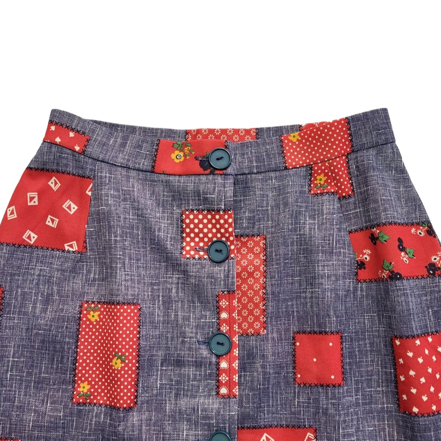 Lanz 70s Red & Blue Patchwork Button A-Line Knee Length Skirt Women's UK 8 W26