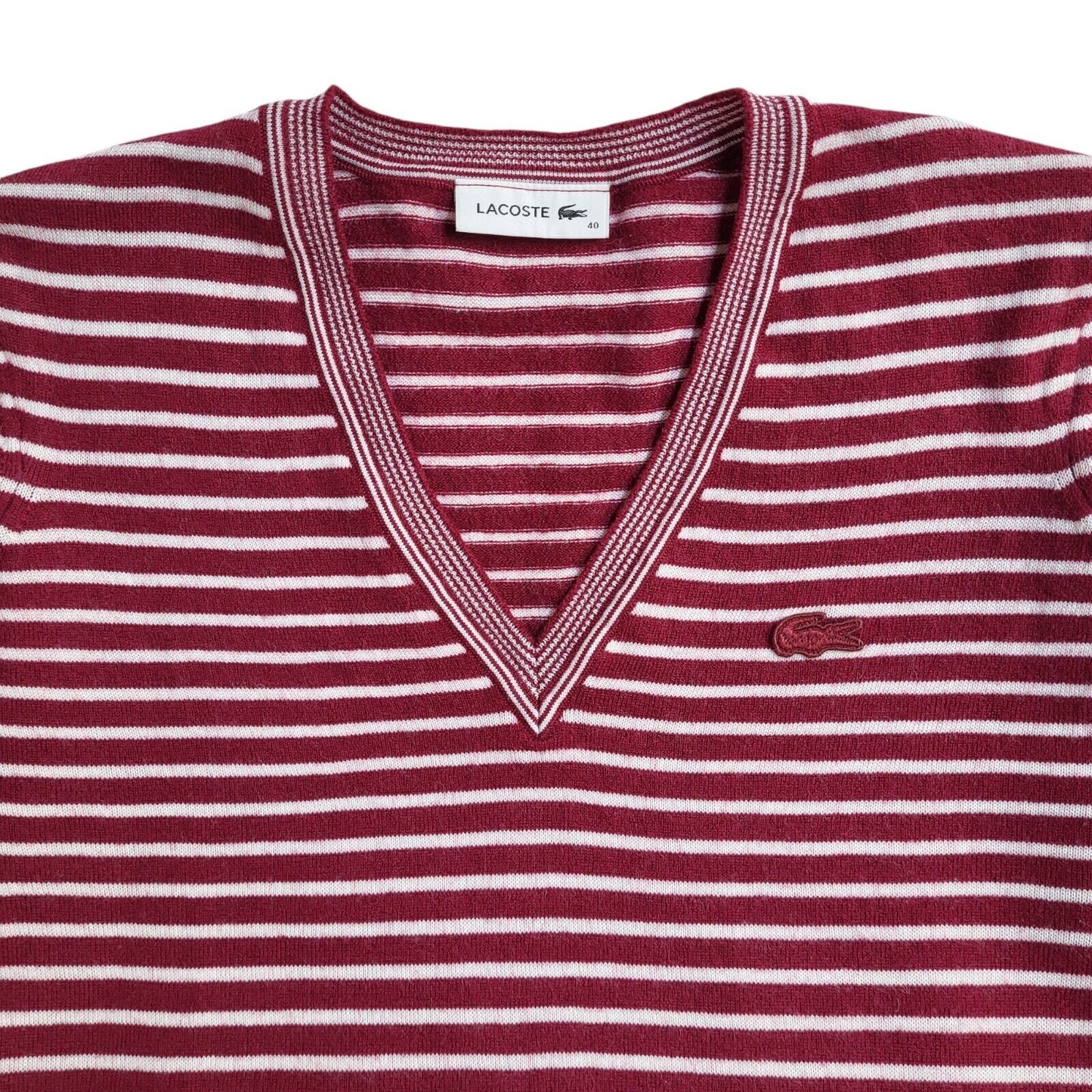 Lacoste Vintage 90's Red & White V-Neck Jumper UK Women's Size 10/12