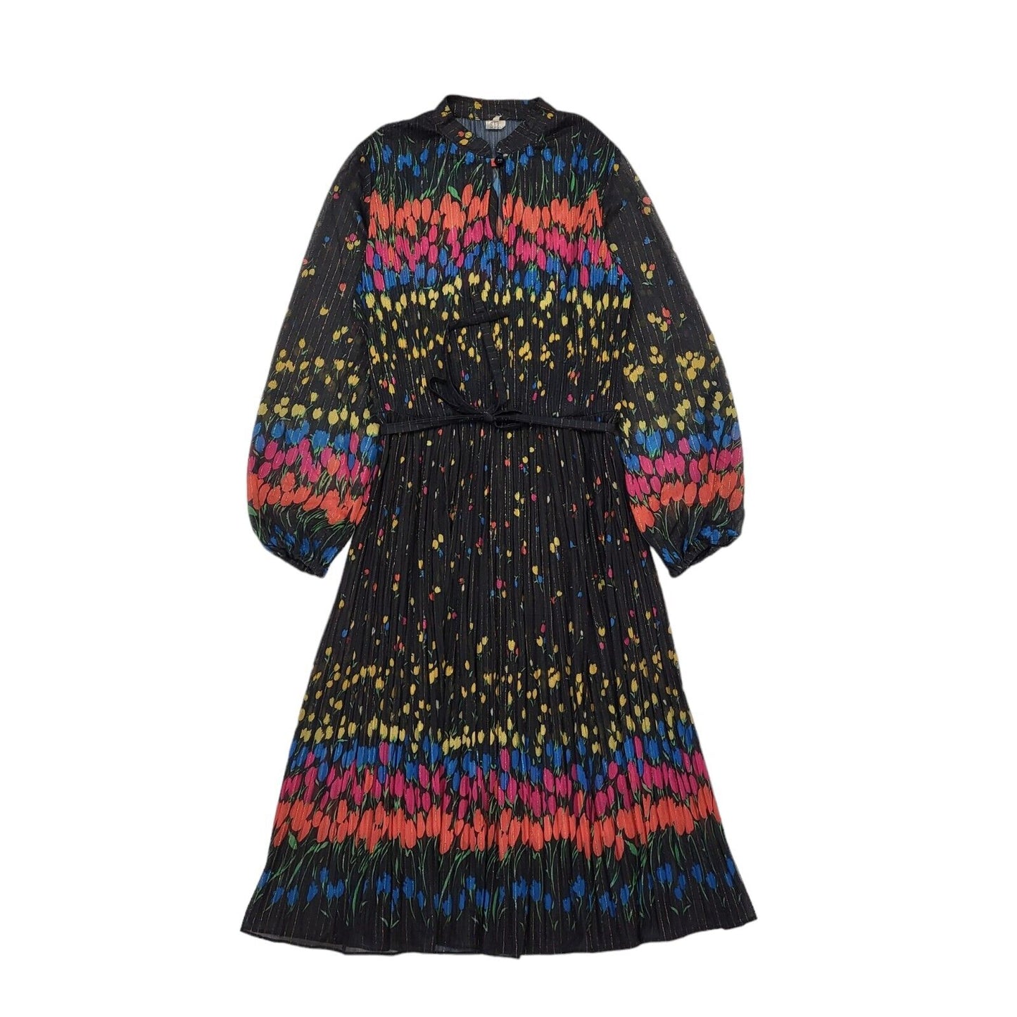 70s Vintage Black Floral Long Sleeved Belted Dress Women's 12