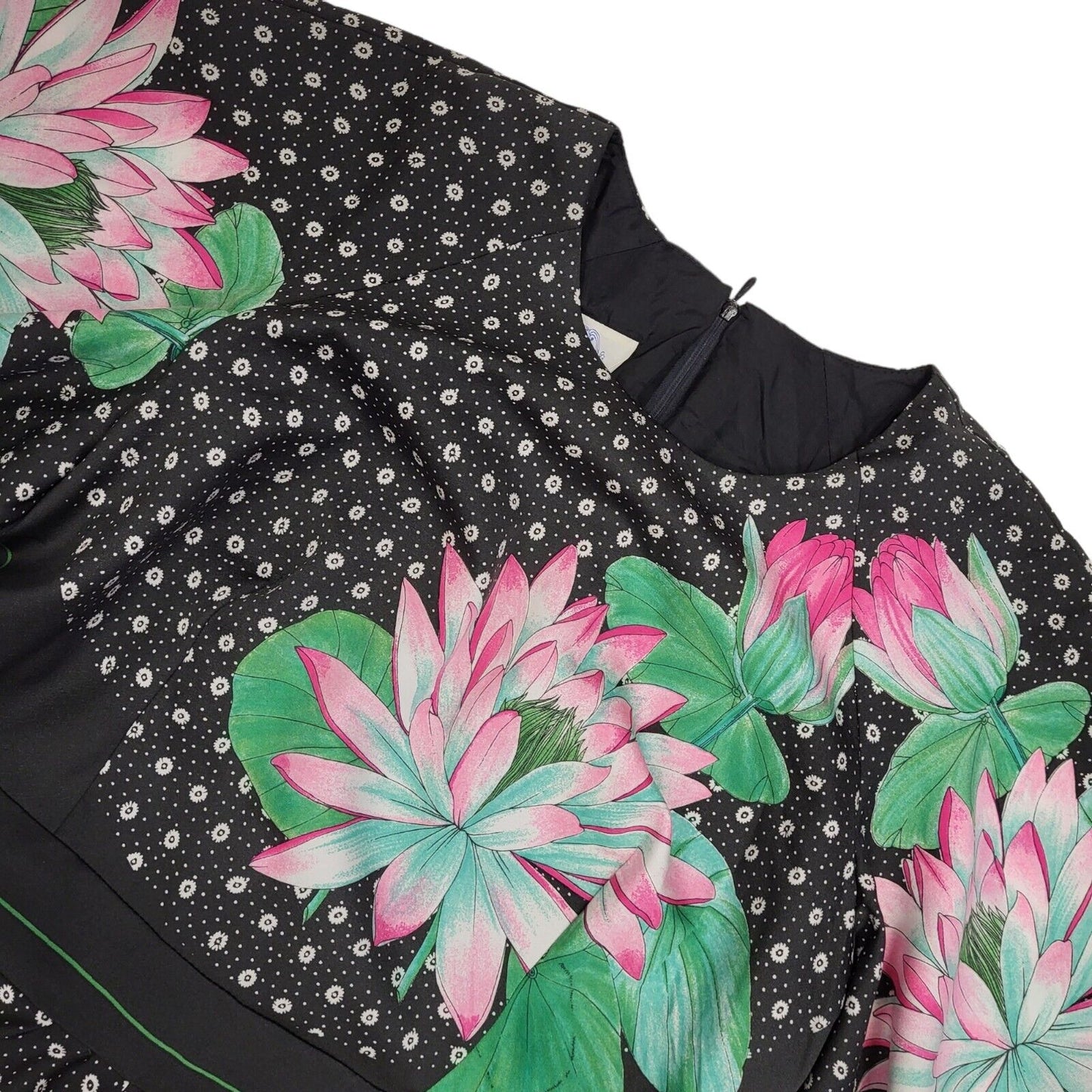 70s Vintage Black & Green Flutter Sleeve Floral Maxi Dress Women's 14