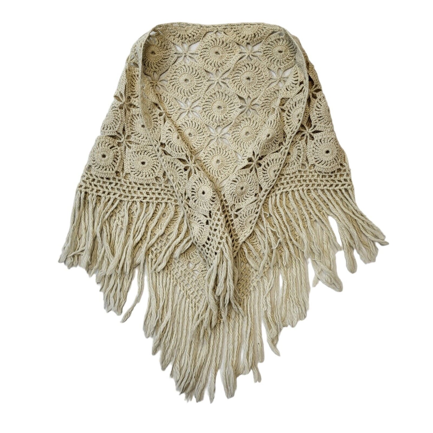 70s Vintage Cream Crocheted Shawl Women's One Size