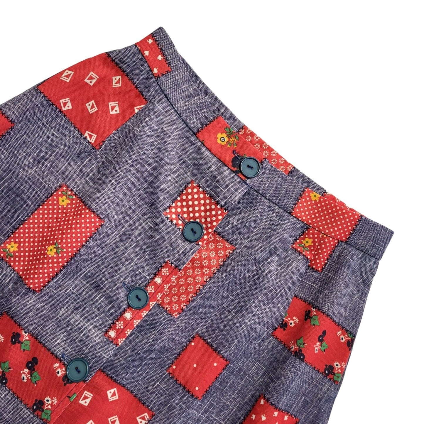 Lanz 70s Red & Blue Patchwork Button A-Line Knee Length Skirt Women's UK 8 W26