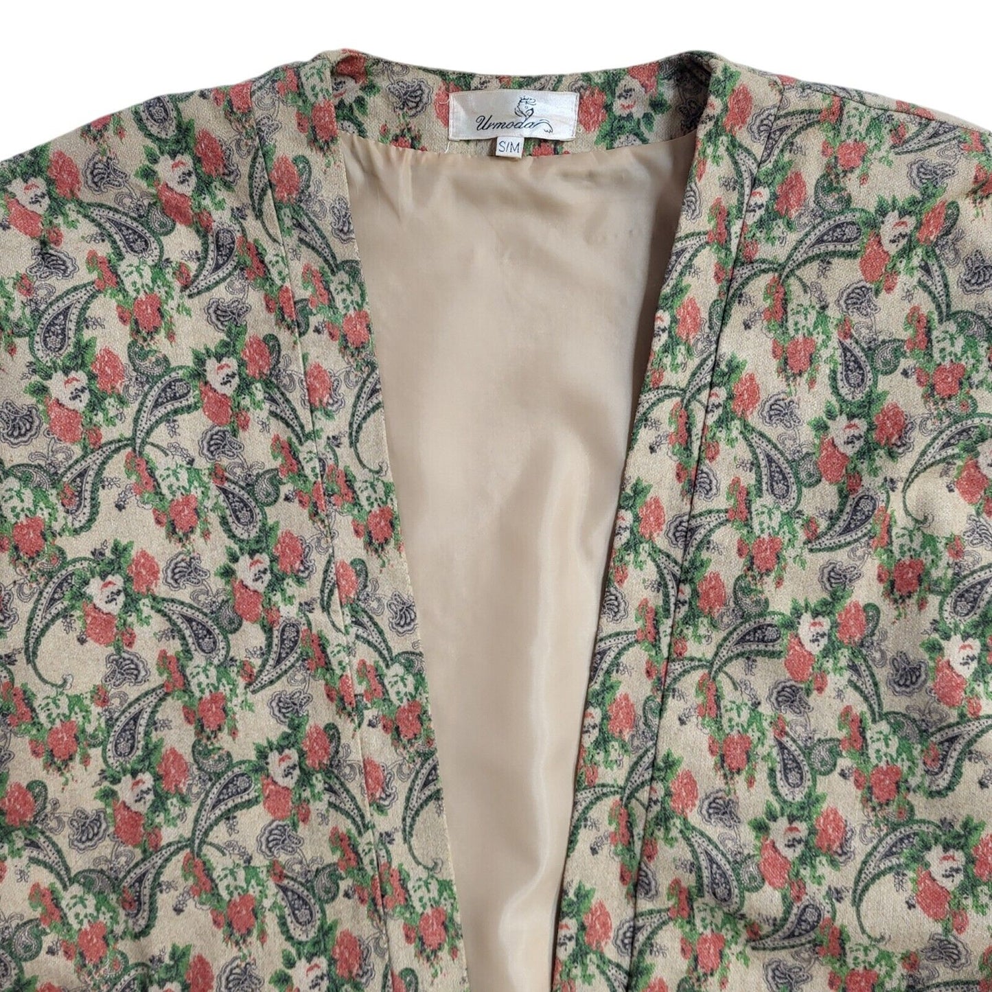 Urmoda 80s Floral Open Front Beige Short Sleeve Jacket Uk Women's Size Small
