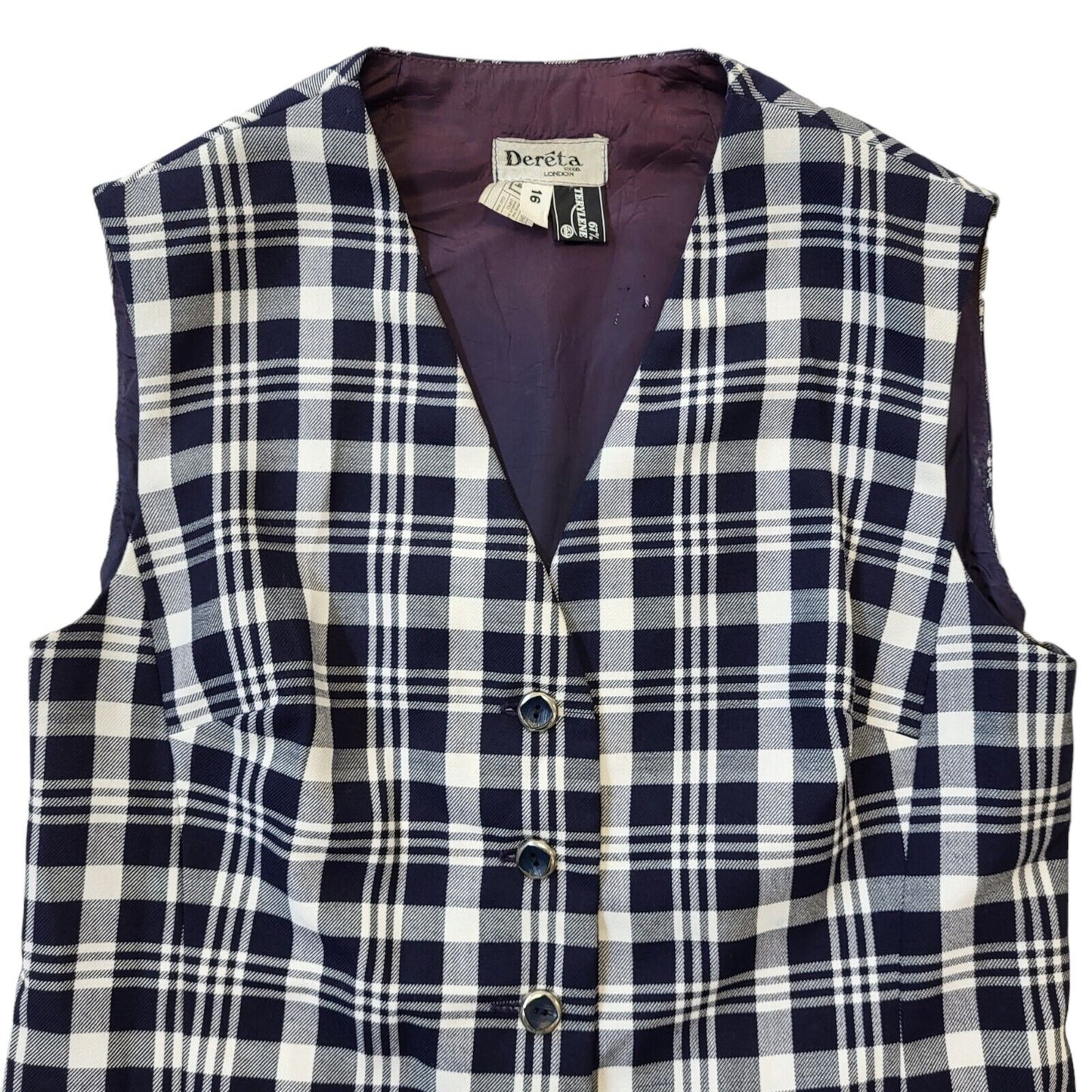 70's Vintage Dereta Navy Blue Check 2 Pocket Waistcoat Womens UK 16