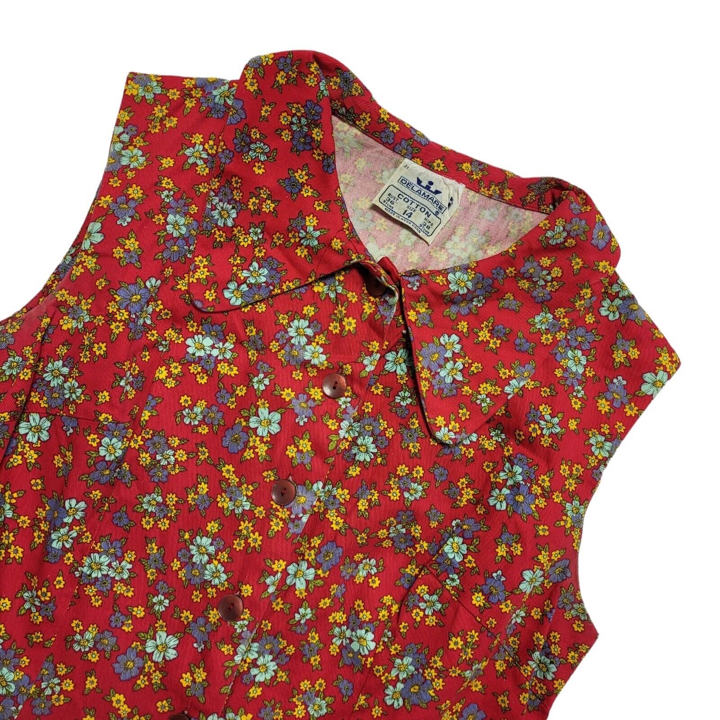 Vintage 70's Delamare Red Collared Floral Fit & Flare Retro Dress Womens UK 12