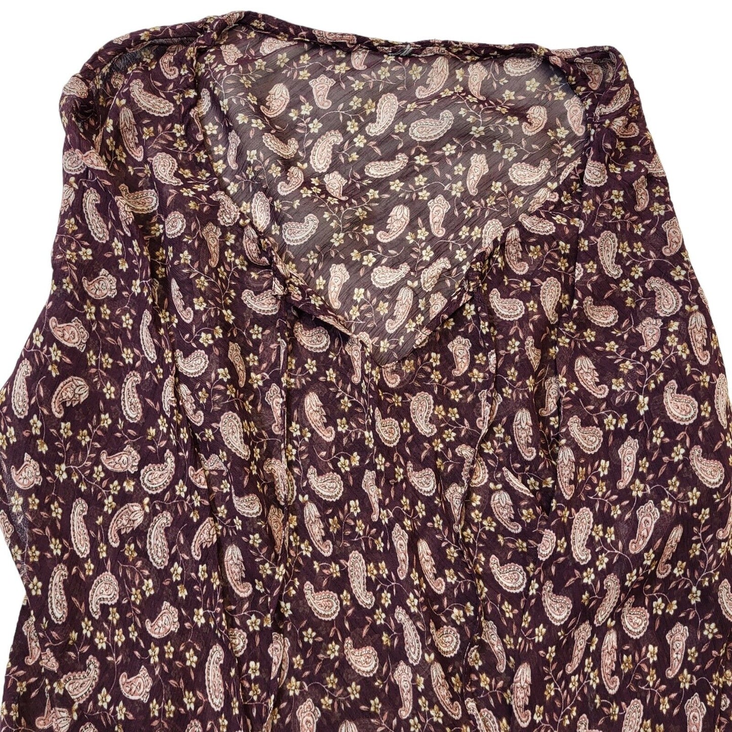 90s Vintage Maroon Paisley Sheer Tie Neck Long Sleeve Blouse Womens UK 12
