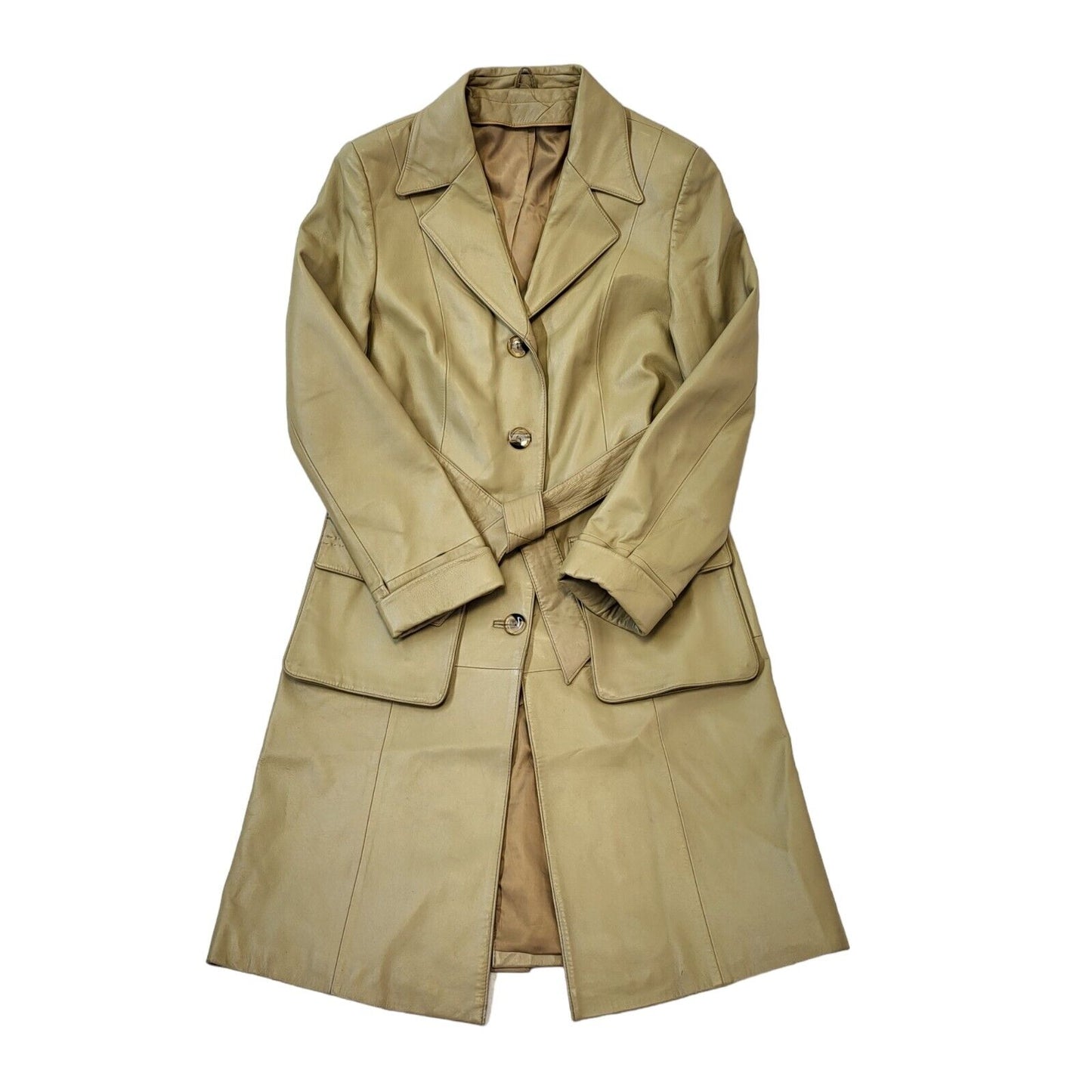 Vintage 90s Belted Beige Button Up Leather Jacket Women's Size M