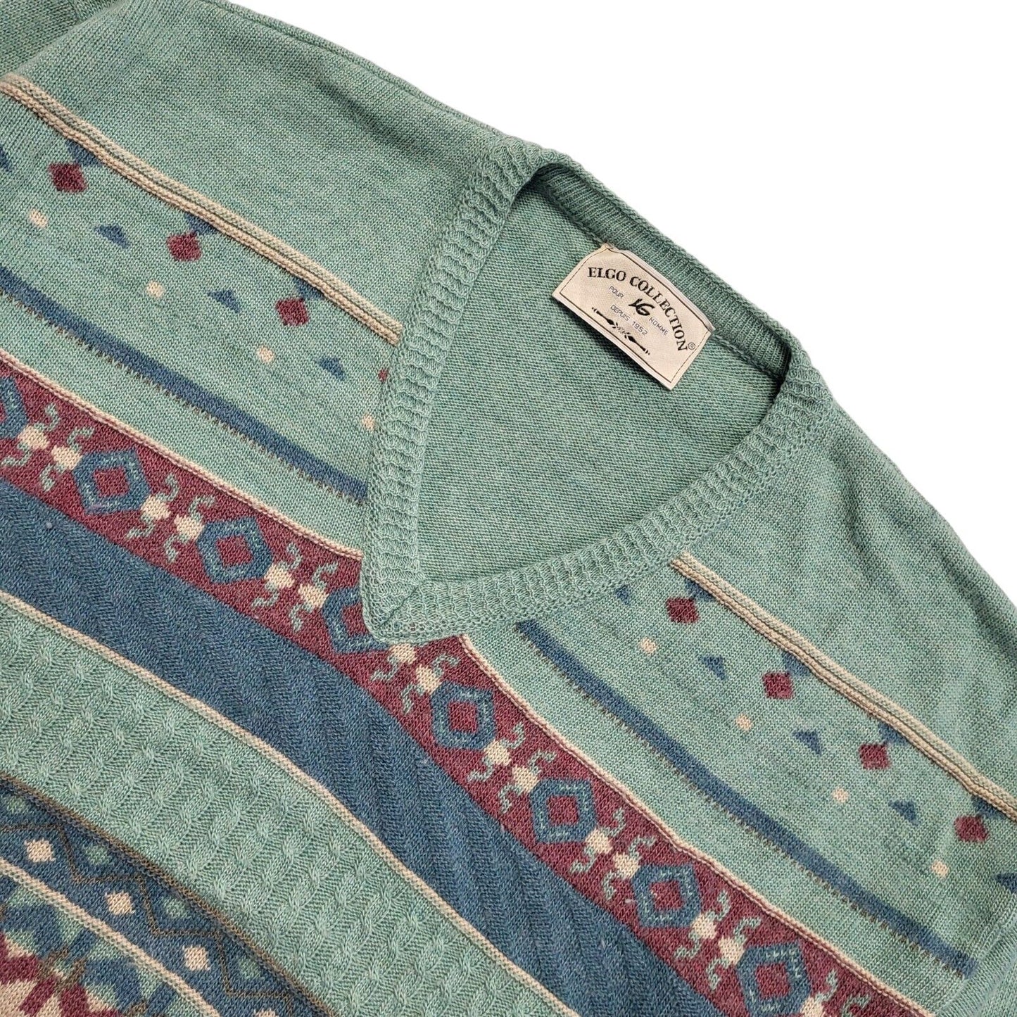 Elgo Collections Vintage 80s Green Geometric V-Neck Jumper Men's UK XL