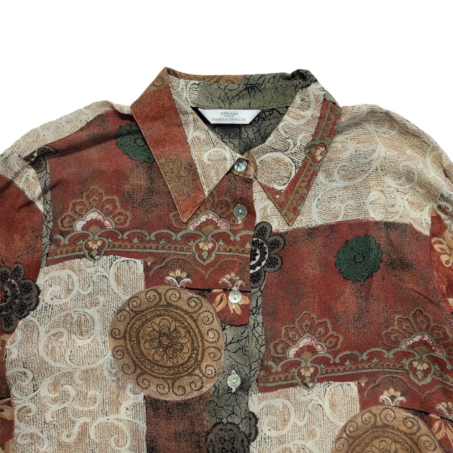 M&S Vintage 90's Brown & Beige Retro Long Sleeve Shirt Women's UK Size 12