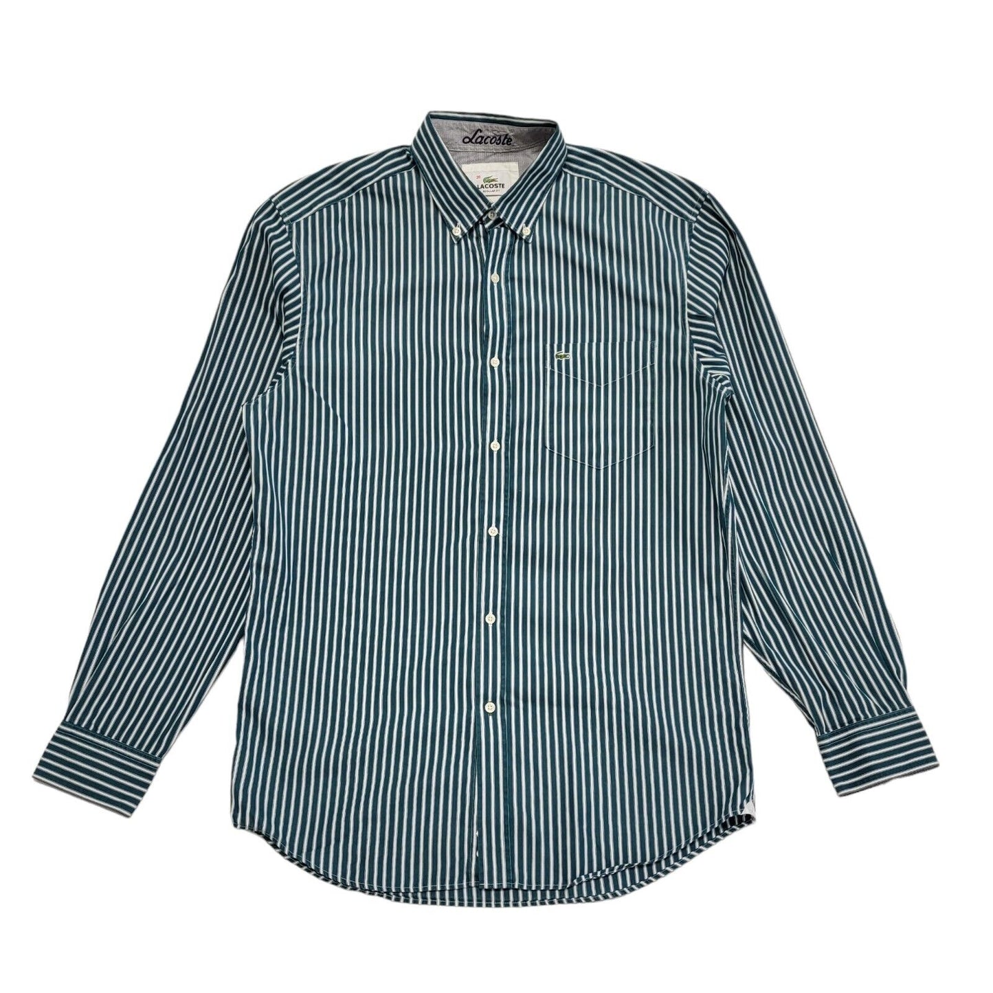 Lacoste 90's Vintage Green & White Striped Long Sleeve Shirt Mens UK Size M