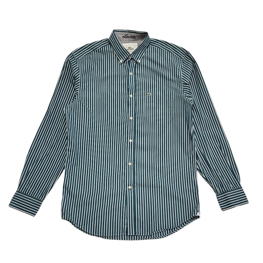 Lacoste 90's Vintage Green & White Striped Long Sleeve Shirt Mens UK Size M