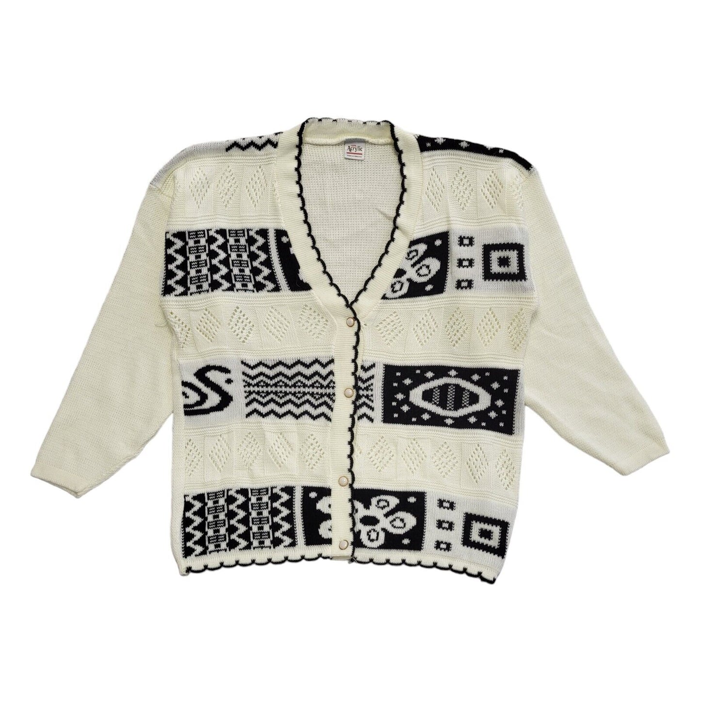 80s Vintage White & Black Button Cardigan Uk Women's Size 16