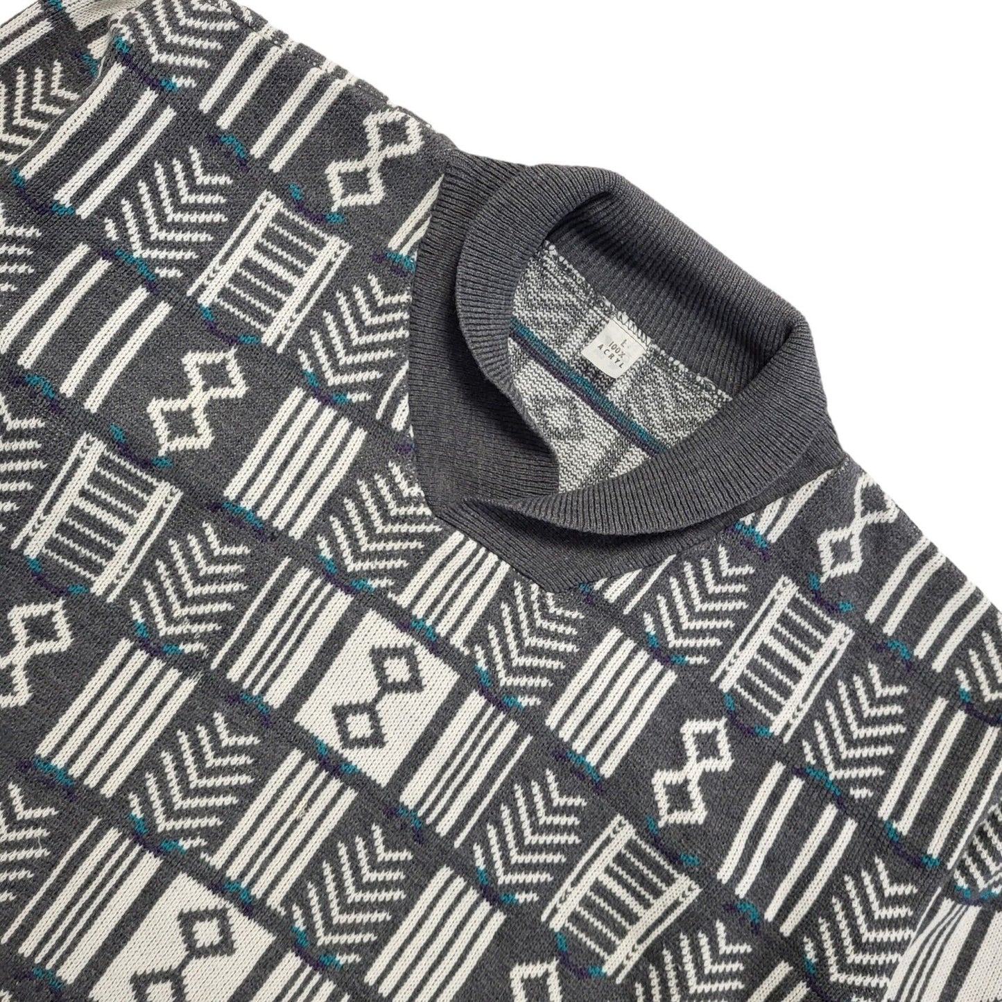Vintage 80s Grey & White Geometric Collared Jumper Men's UK Large
