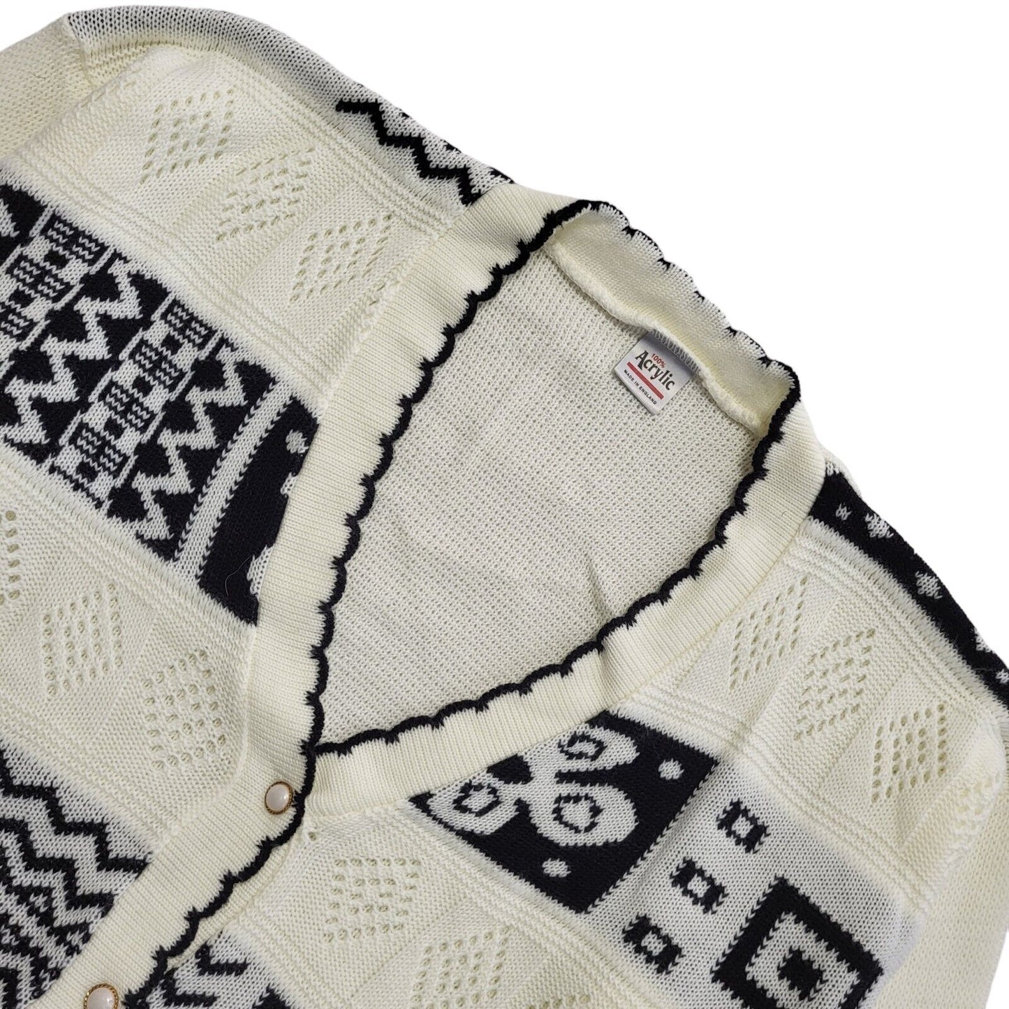 80s Vintage White & Black Button Cardigan Uk Women's Size 16