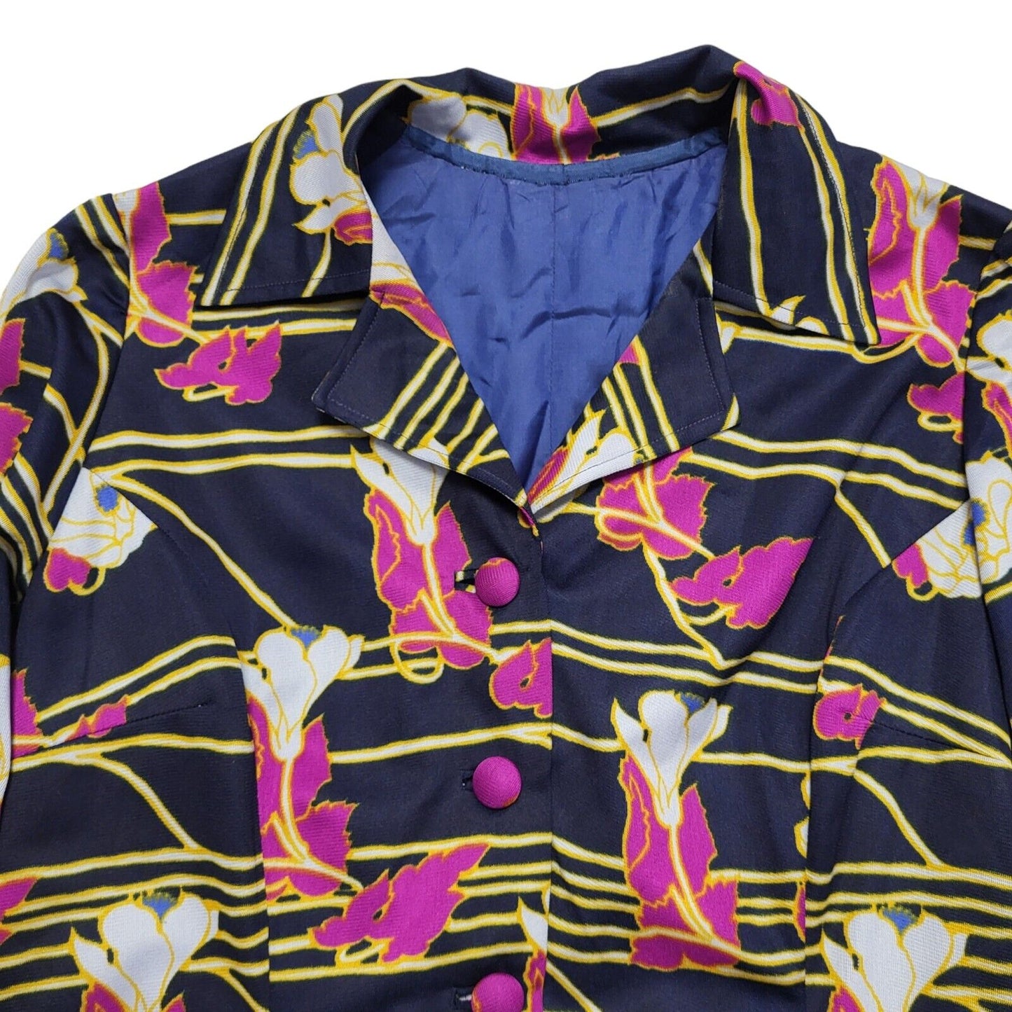 70s Vintage Navy & Purple Floral Collared Long Sleeve Midi Dress Women's 14