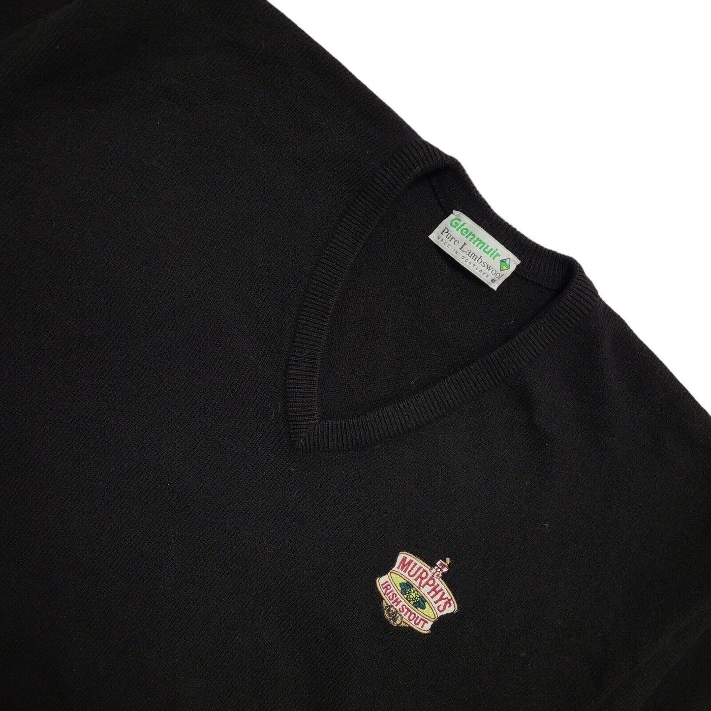 Glenmuir 90's Jumper Black Irish Stout Argyle V-Neck Long Sleeve Mens UK XL