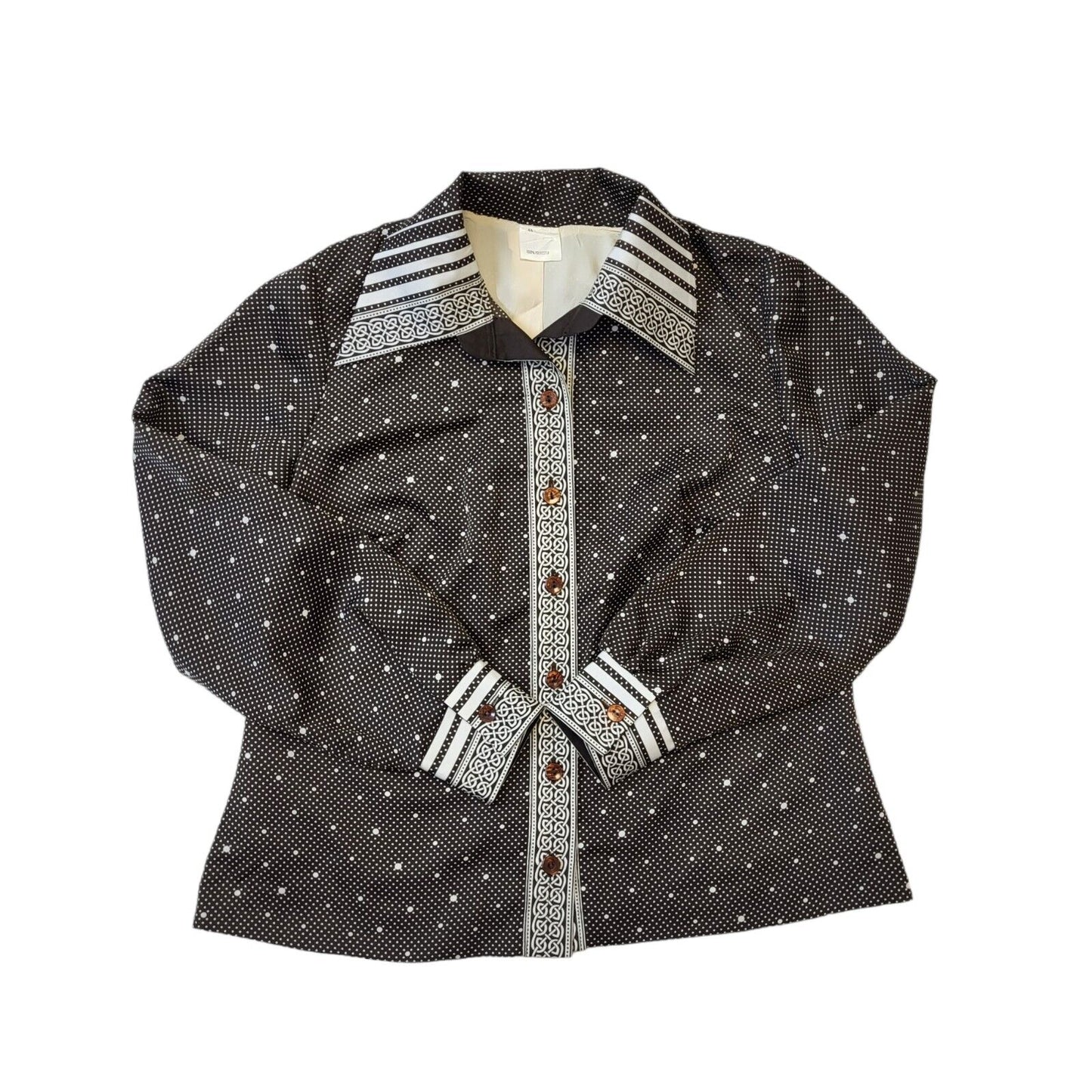70s Vintage Brown & White Long Sleeve Polka Dot Blouse Women's Size 18