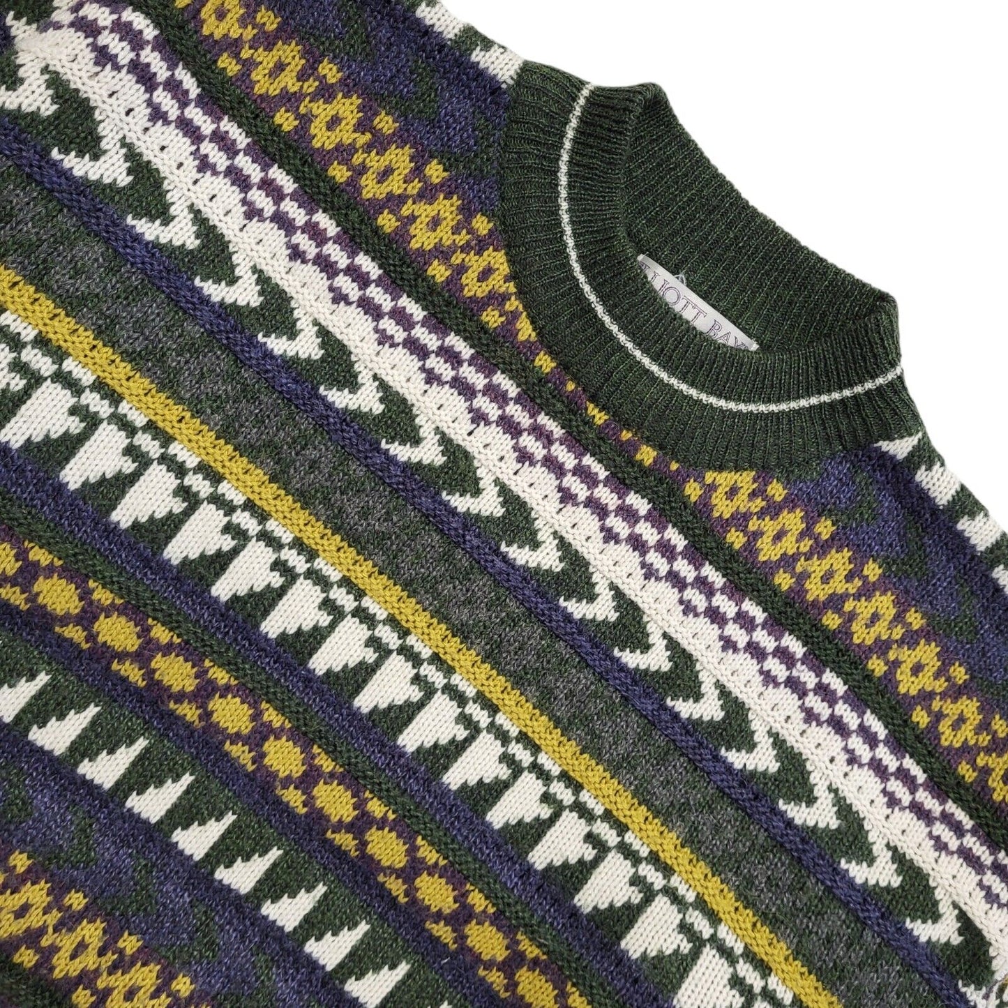 Elliott Bay Green White Vintage 90s Crew Neck Jumper Uk Men's Size M