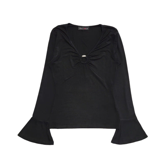 Melrose Vintage Y2K Black Metal Ring Detail Flared Sleeve Top Womens UK Size 10?