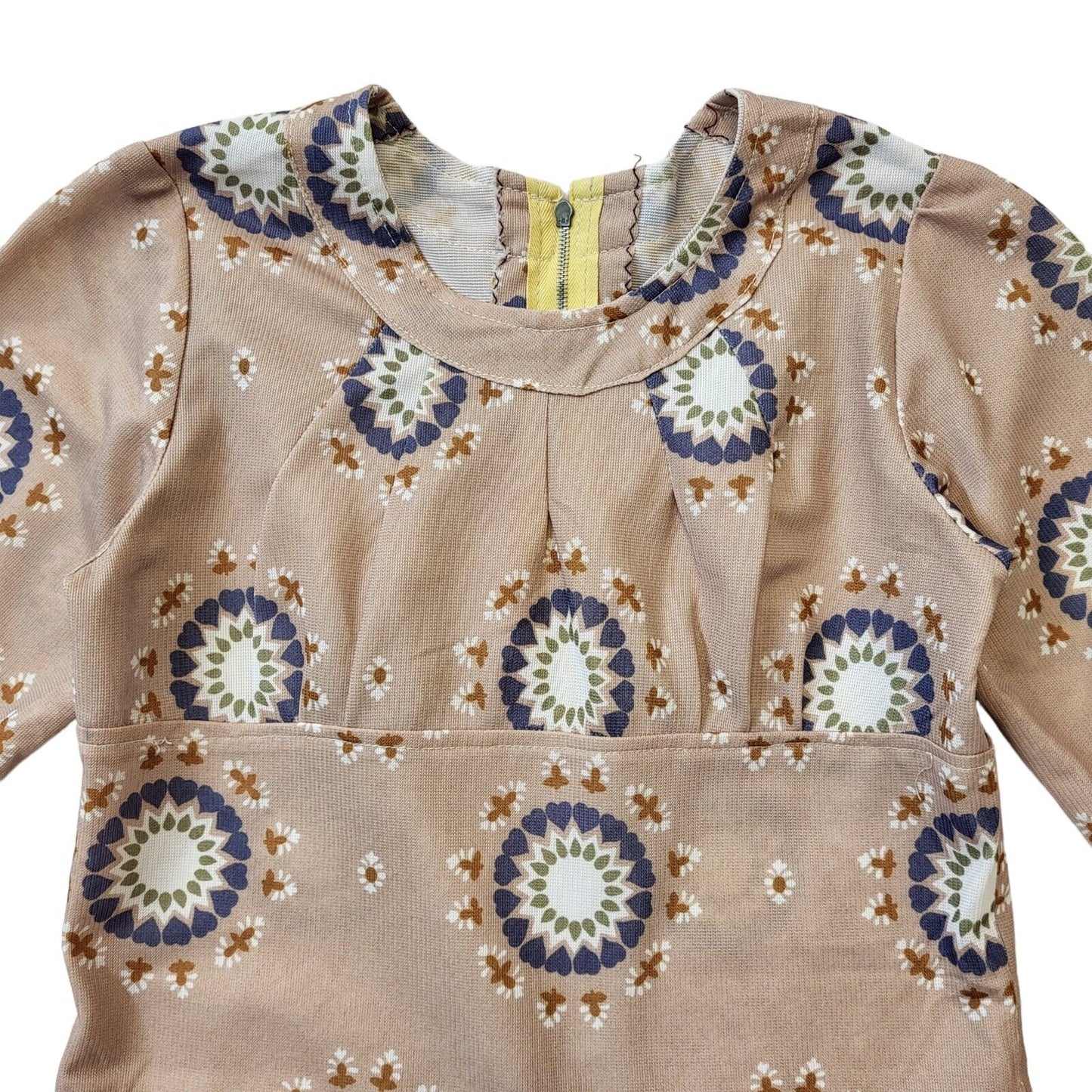 70s Vintage Beige Geometric A-Line Dress Women's Size 4-6