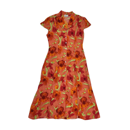 Milano 90s Vintage Orange & Green Floral Print Dress Uk Women's Size 14