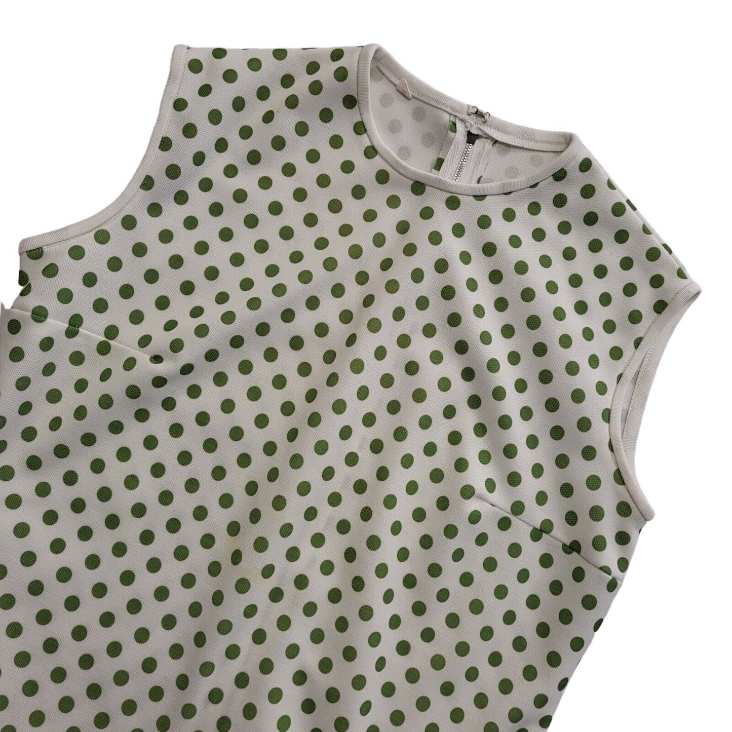 Vintage 70s Whit & Green Polka Sleeveless Dress Uk Women's Size 14