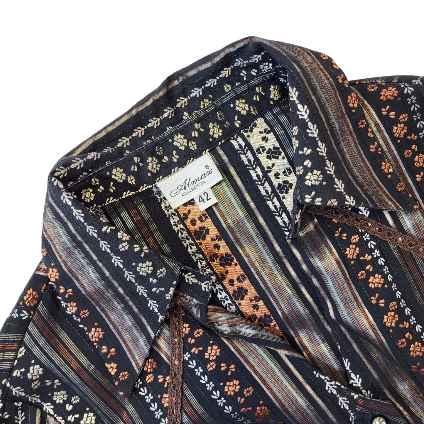Almax Y2K Vintage Black & Brown Retro Floral Button Up Blouse Women's 14