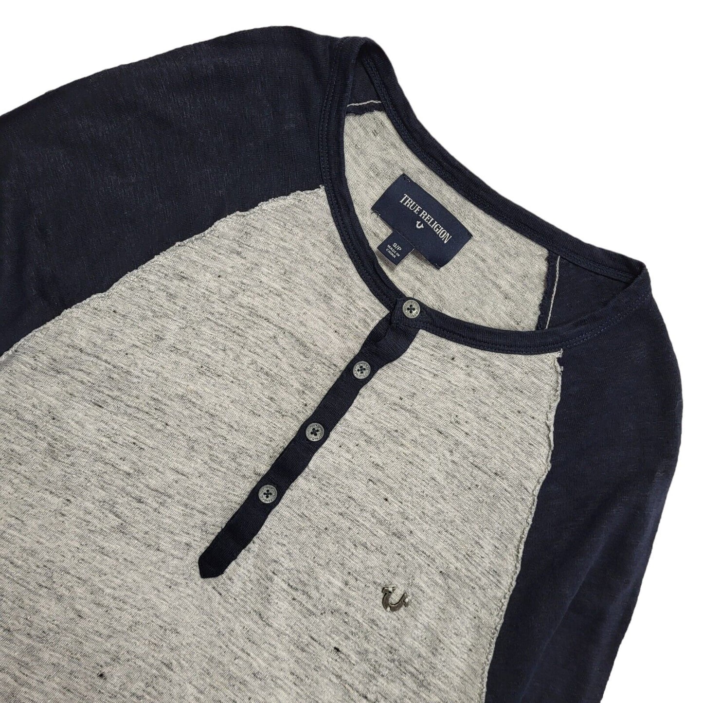 True Religion Henley Vintage 90s Blue & Grey Long Sleeve T-Shirt Mens UK Size S