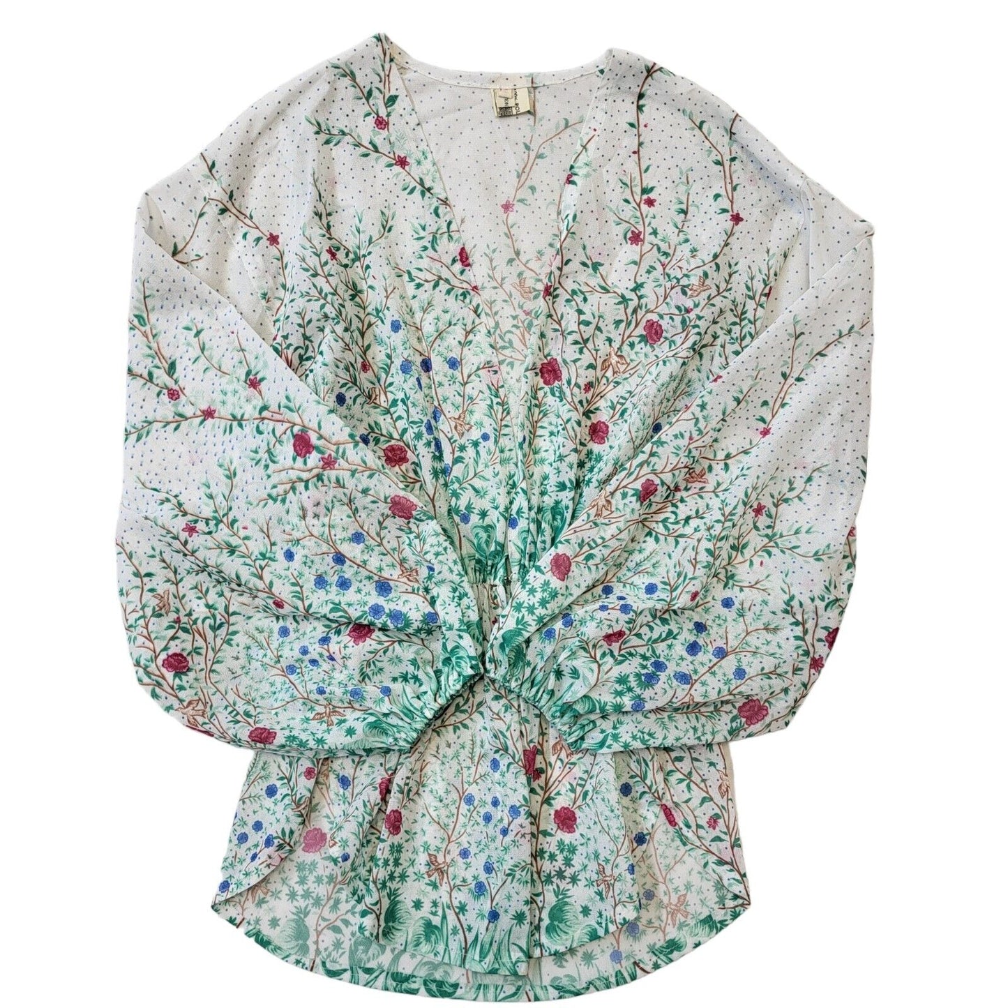 70s Vintage White Green Floral Blouse Long Sleeve Women's UK 12