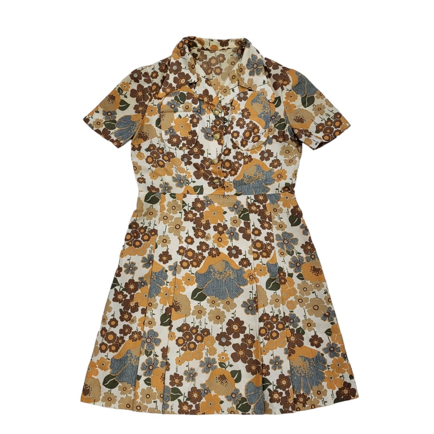 70s Vintage Beige & Brown Floral Fit & Flare Shirt Dress Women's 12