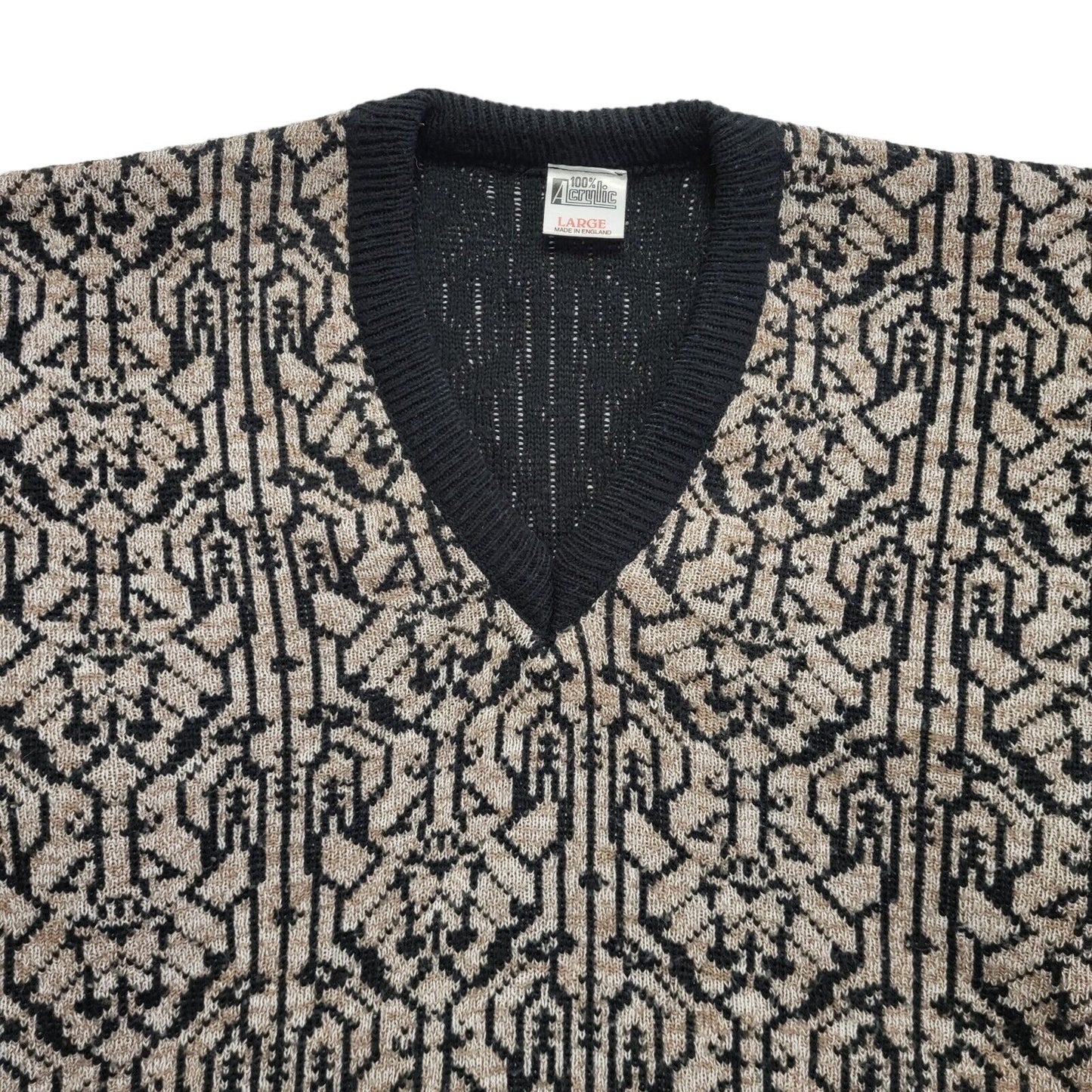 Vintage 90's Brown & Black Retro Abstract V-Neck Jumper Mens UK L