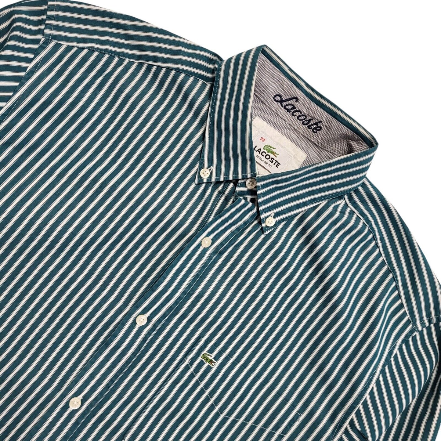 Lacoste 90's Vintage Green & White Striped Long Sleeve Shirt Mens UK Size M