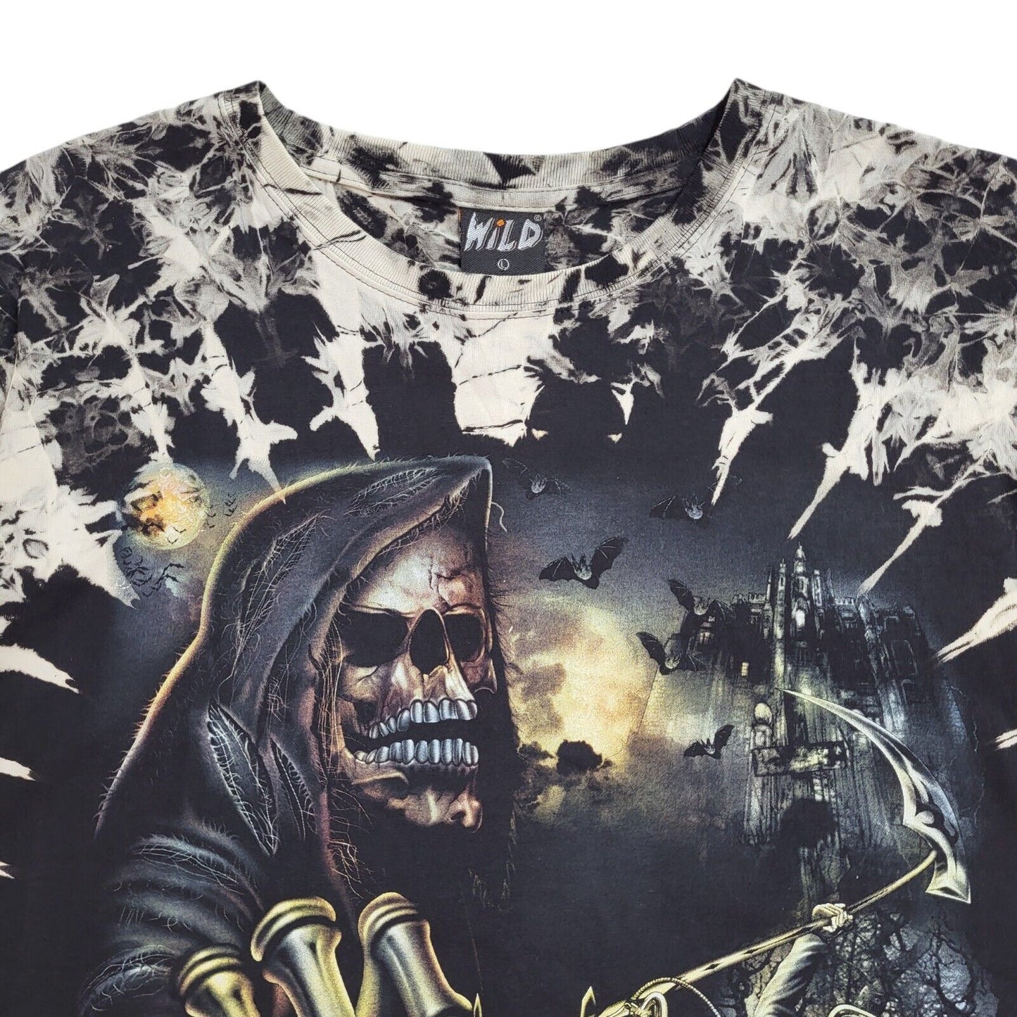 Wild 90s Vintage Grim Reaper Black & White T-Shirt Uk Men's Size Large