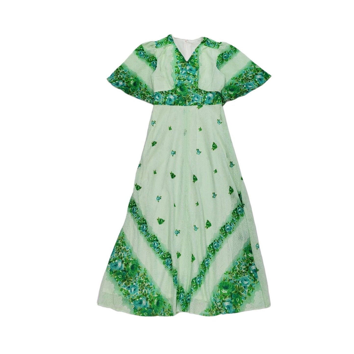 70s Vintage Green Floral Lined Maxi Dress Women's 10