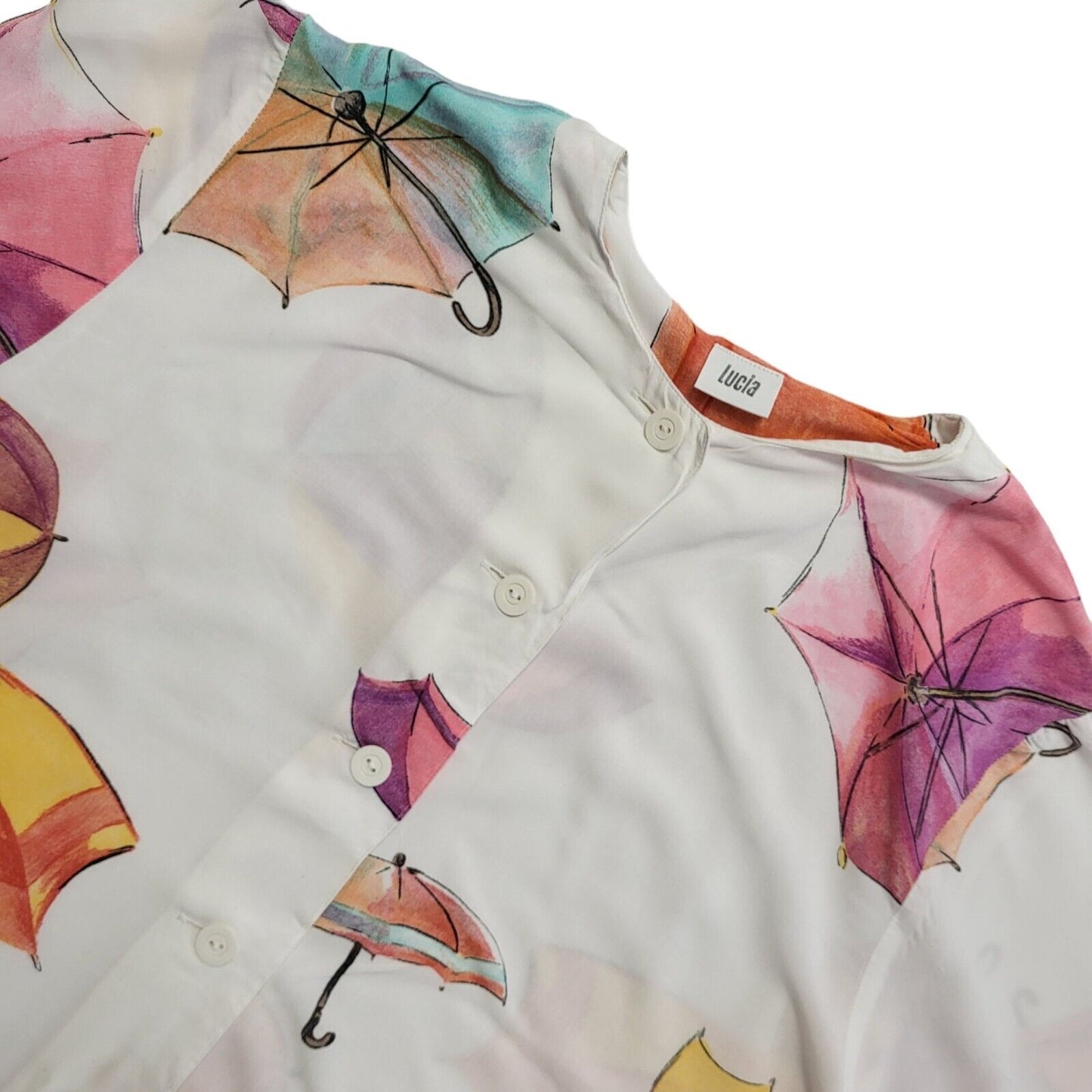 Lucia Vintage 90's White Umbrella Print Short Sleeve Shirt Womens UK 12