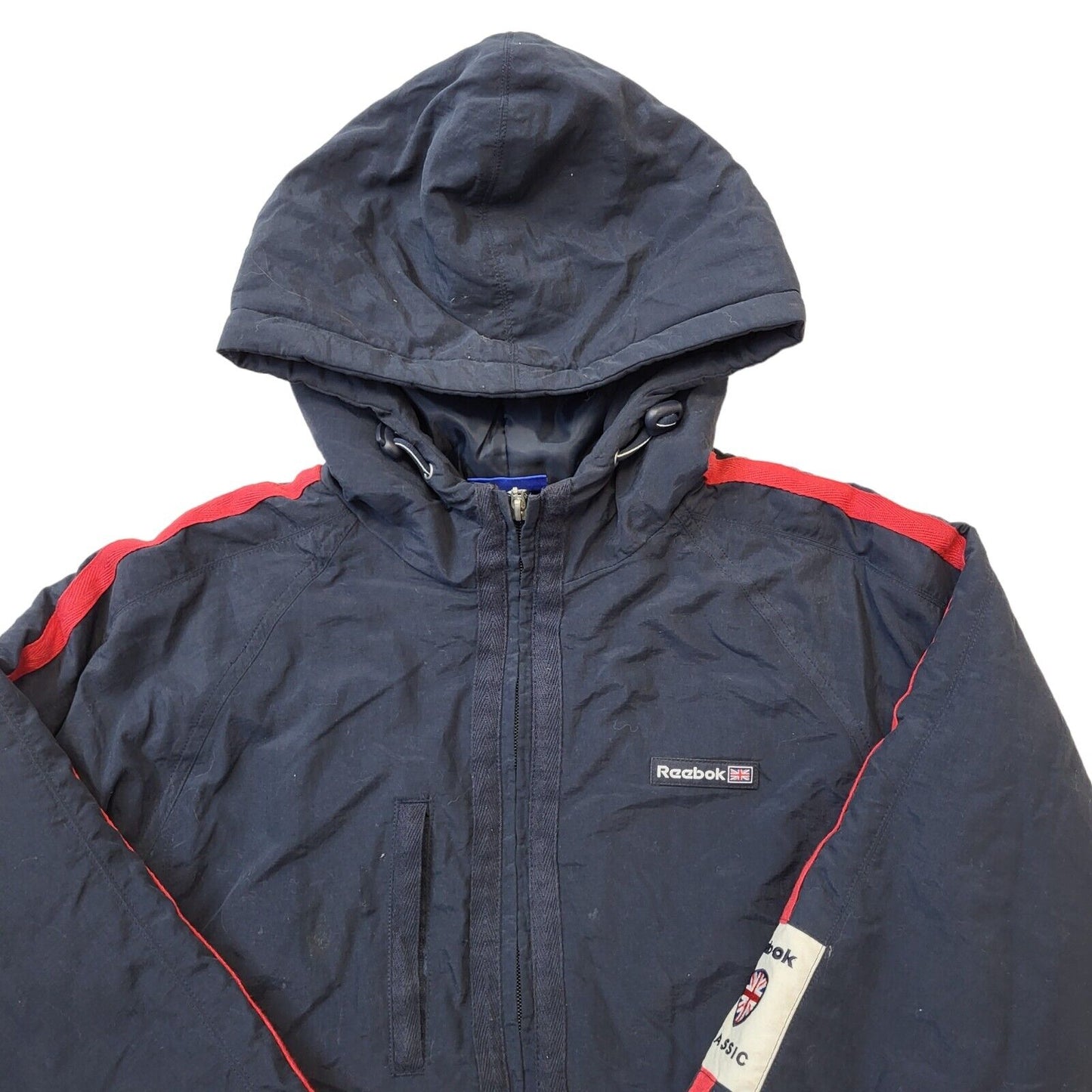 Reebok Classic 90s Navy Blue & Red Zip Up Hooded Jacket Youth Size XL