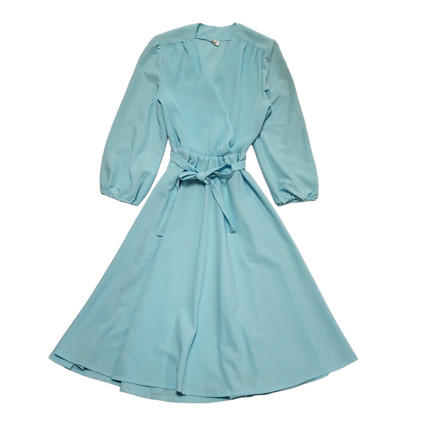 70s Vintage Turquoise Wrap Belted Long Sleeve A-Line Daywear Dress Women's 8