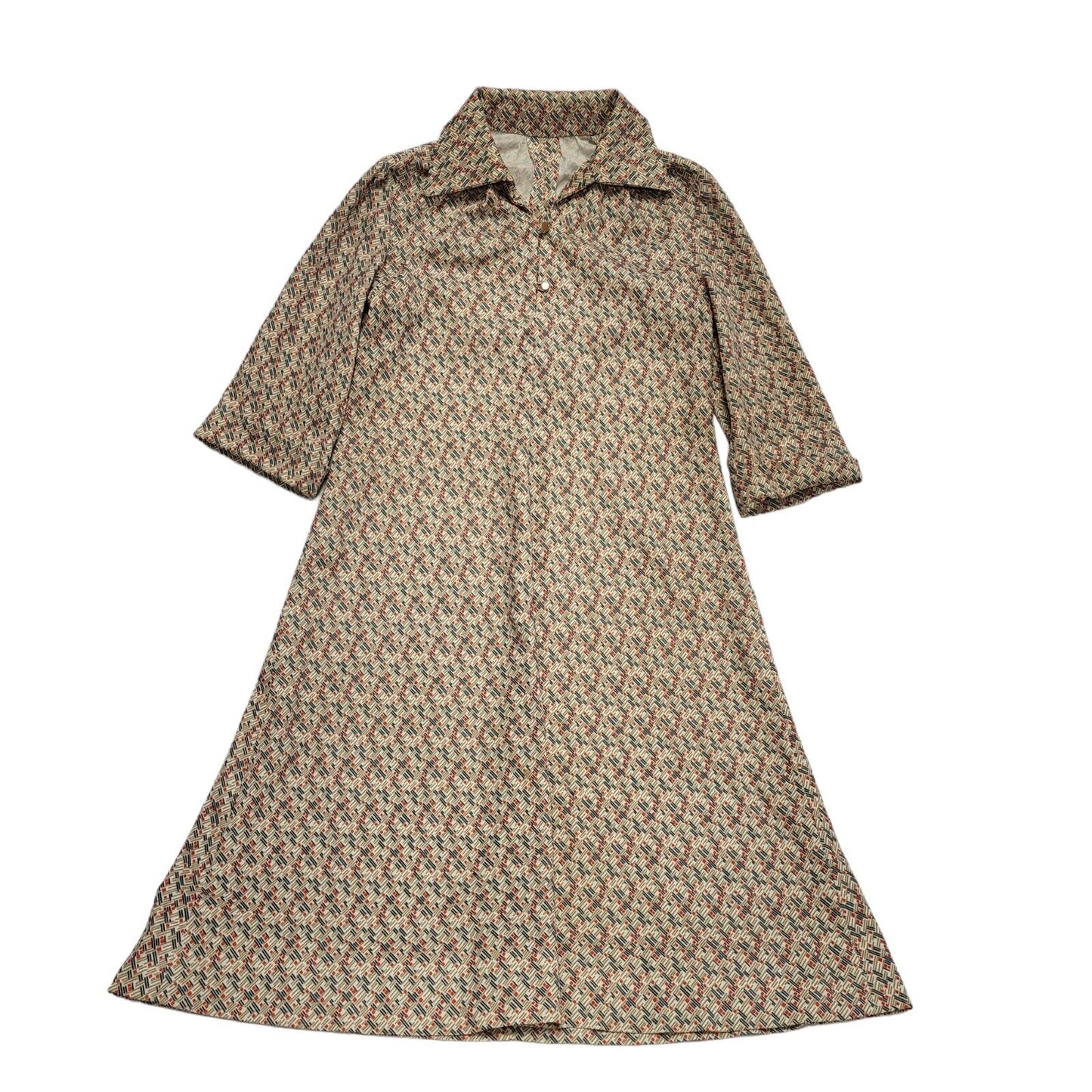 70s Vintage Beige Geometric 3/4 Sleeve A-Line Dress Women's 12