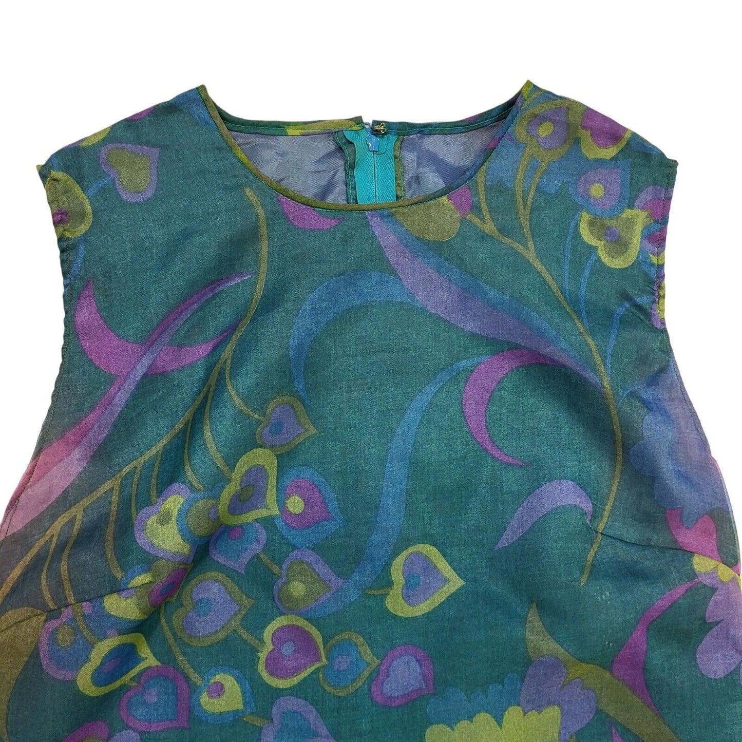 70s Vintage Green & Blue Floral Sleeveless Maxi Dress Women's 8