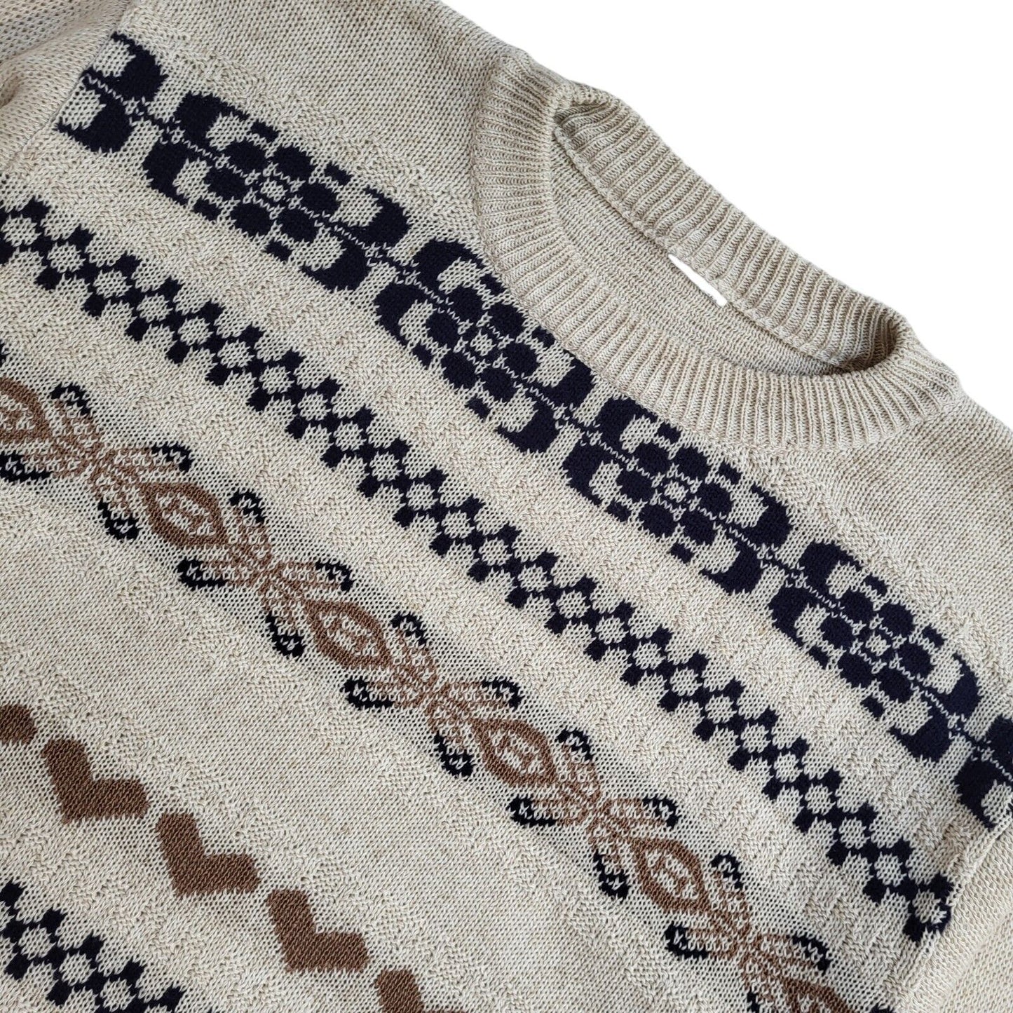 Vintage 90's Beige Striped Round Neck Jumper UK Women's Size 14