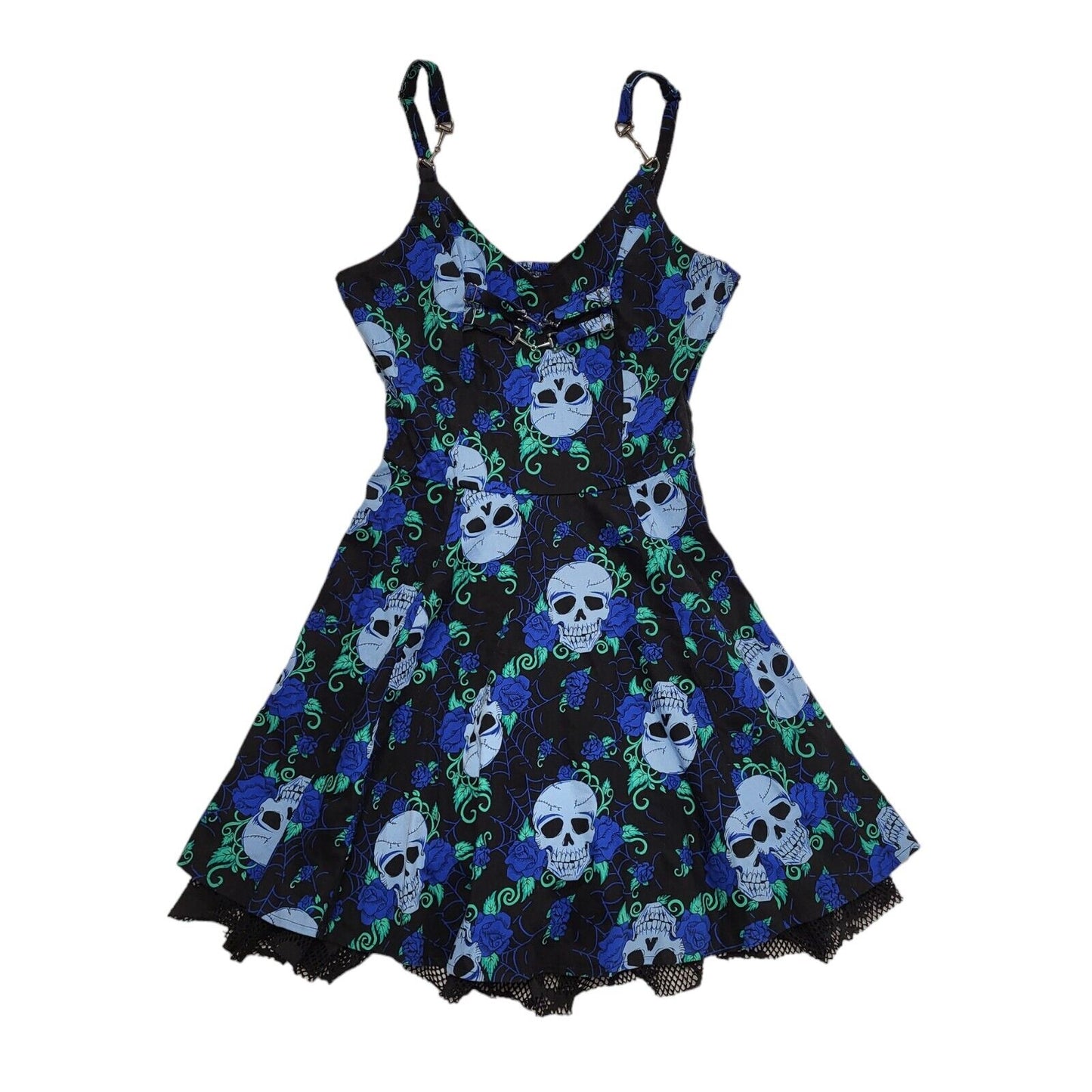 Jawbreaker 90s Vintage Blue & Black Skull Print Skater Dress Women's Size 8