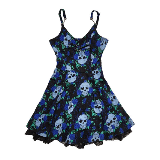 Jawbreaker 90s Vintage Blue & Black Skull Print Skater Dress Women's Size 8