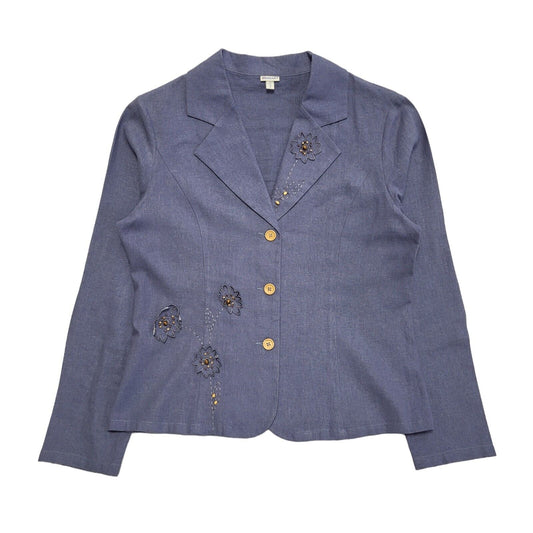 Damart Vintage 80's Blue Button Front Linen Dress Jacket Uk Women's Size 12