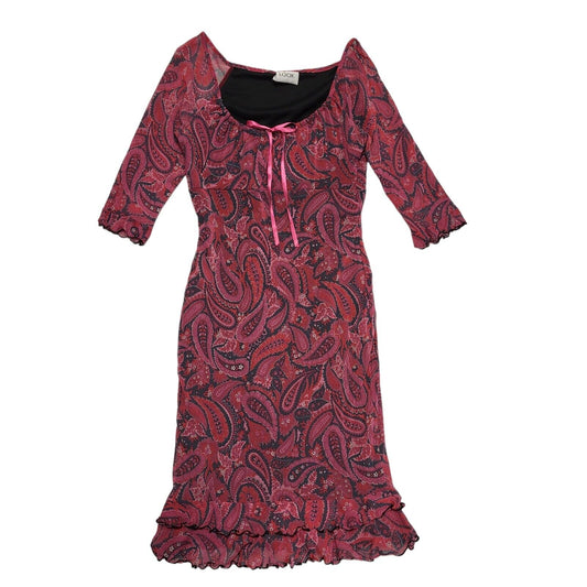 Look Y2k Vintage Pink Black Floral 3/4 Sleeve Dress Uk Women's Size 10