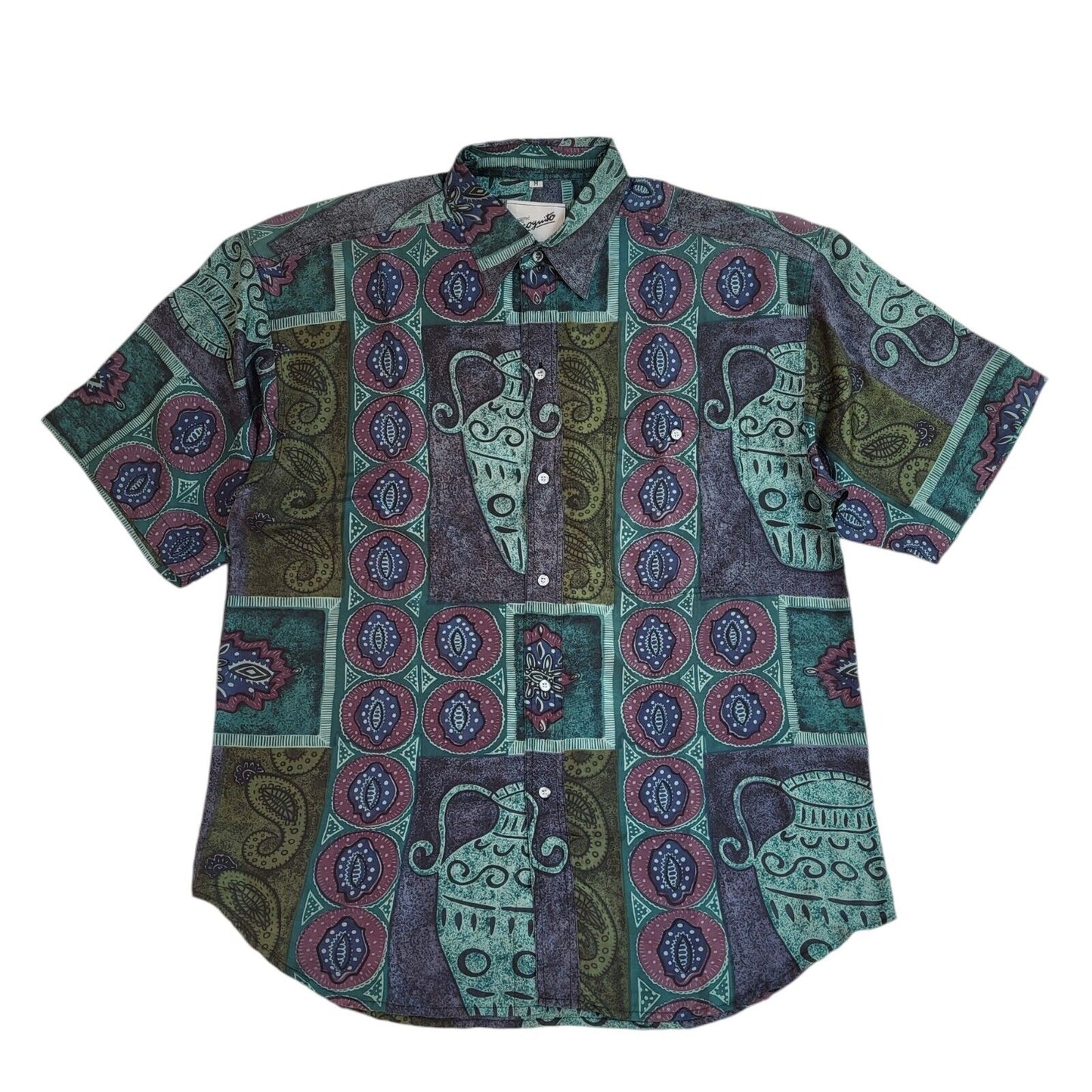 Incognito 90's Purple & Green Abstract Silk Short Sleeve Shirt Uk Men's Size M