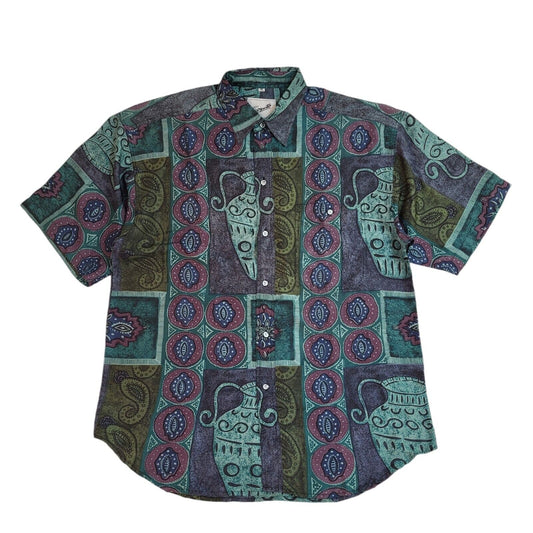 Incognito 90's Purple & Green Abstract Silk Short Sleeve Shirt Uk Men's Size M